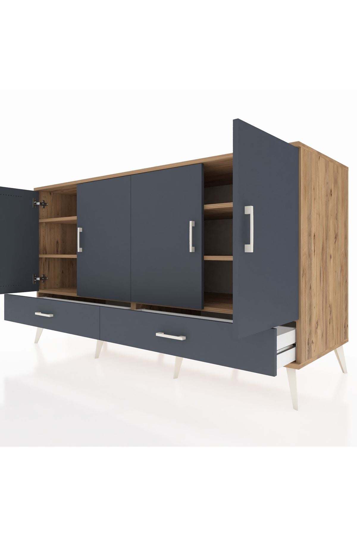 Kronos Konsol 6 Raflı 2 Çekmeceli 4 Kapaklı 176x59x99 Çam-Antrasit