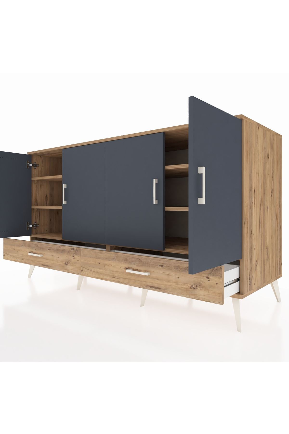 Kronos Konsol 6 Raflı 2 Çekmeceli 4 Kapaklı 176x59x99 Çam-Antrasit/Çam