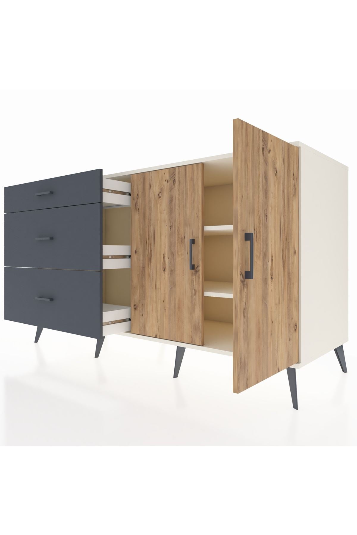 Kronos Konsol 2 Raflı 3 Çekmeceli 2 Kapaklı 176x59x99 Aytaşı-Çam/Antrasit