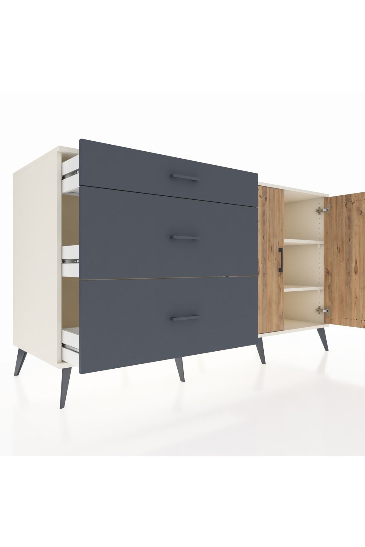 Kronos Konsol 2 Raflı 3 Çekmeceli 2 Kapaklı 176x59x99 Aytaşı-Çam/Antrasit