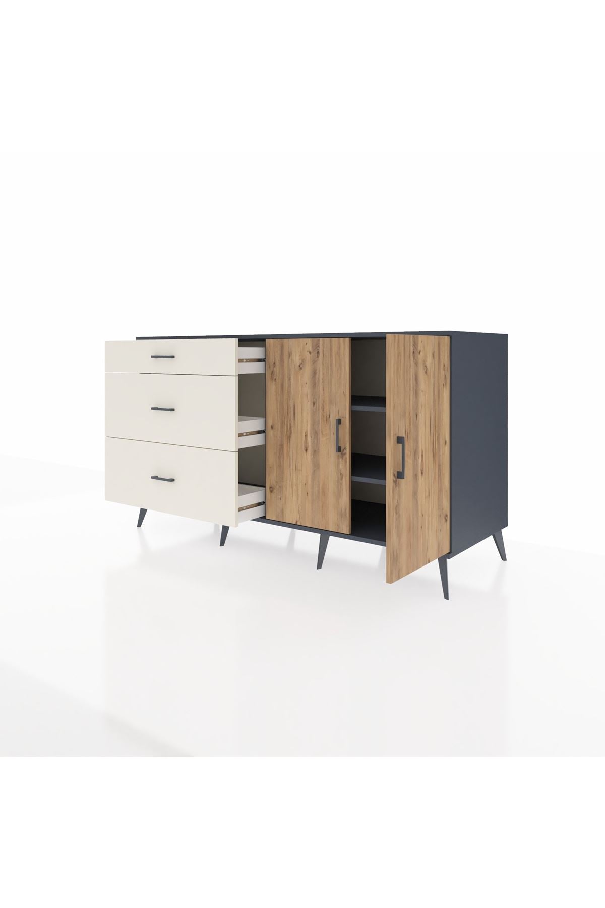 Kronos Konsol 2 Raflı 3 Çekmeceli 2 Kapaklı 176x59x99 Antrasit-Çam/Aytaşı