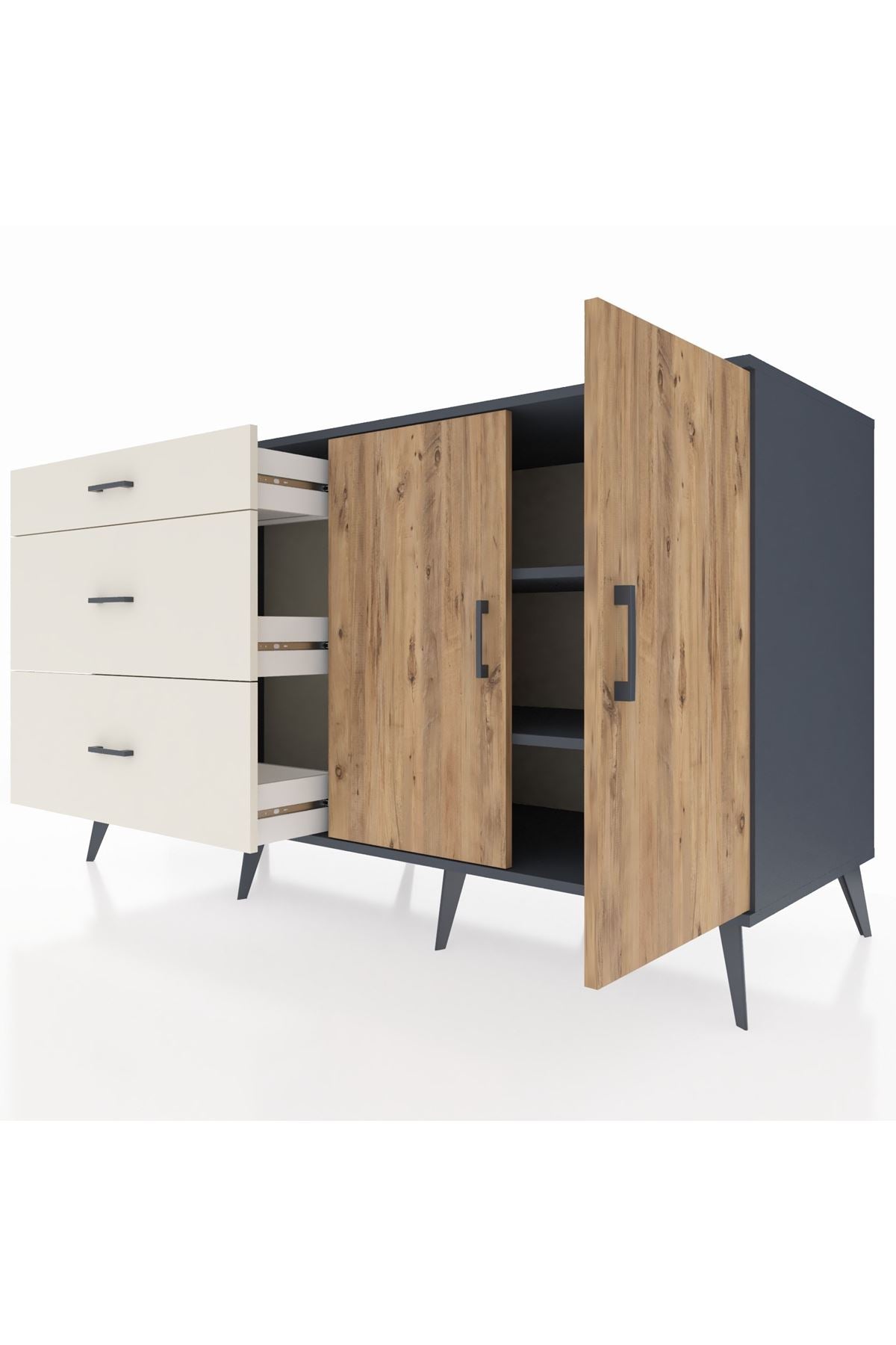 Kronos Konsol 2 Raflı 3 Çekmeceli 2 Kapaklı 176x59x99 Antrasit-Çam/Aytaşı