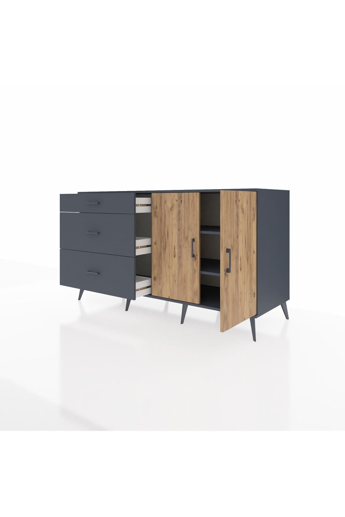 Kronos Konsol 2 Raflı 3 Çekmeceli 2 Kapaklı 176x59x99 Antrasit-Çam/Antrasit