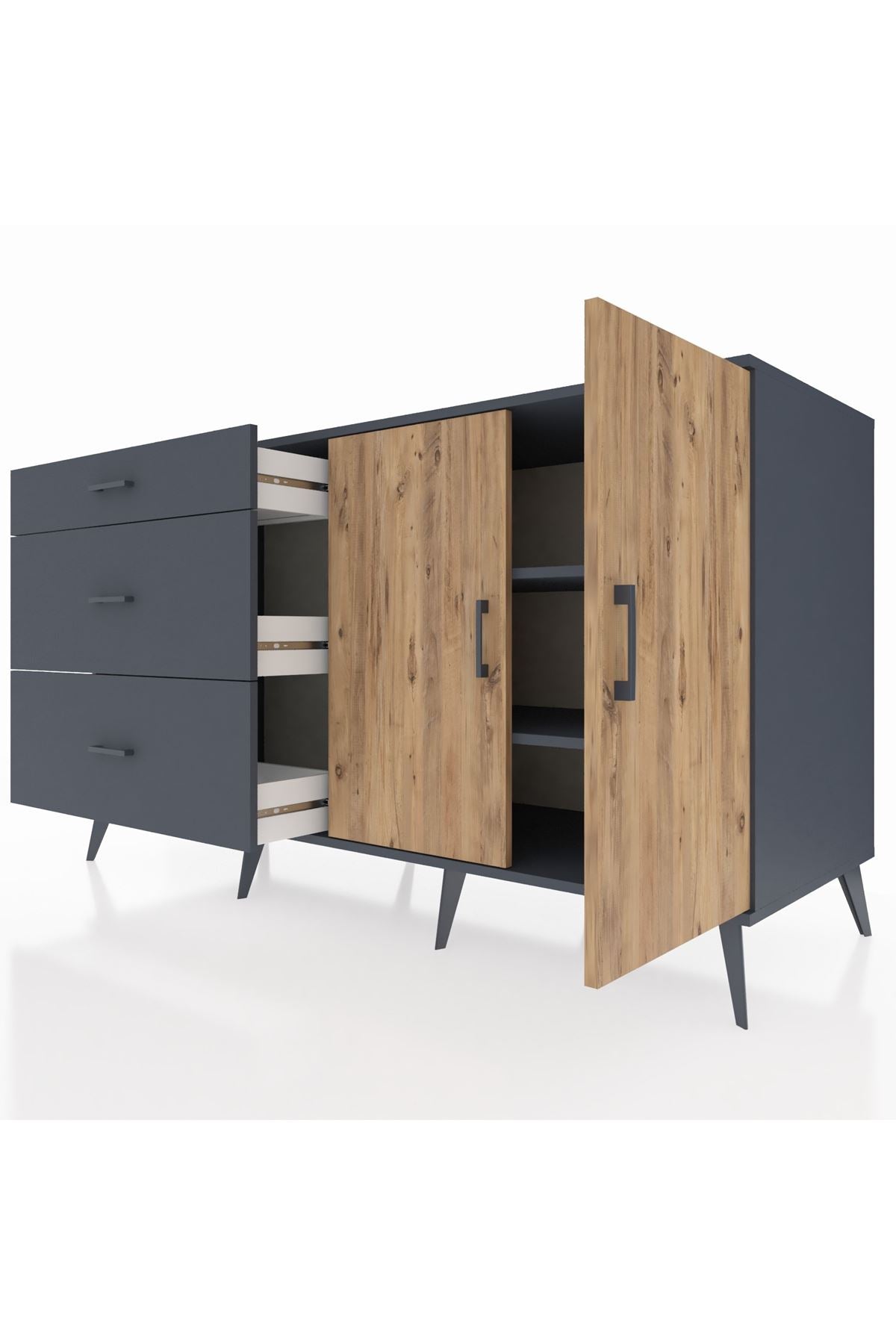 Kronos Konsol 2 Raflı 3 Çekmeceli 2 Kapaklı 176x59x99 Antrasit-Çam/Antrasit