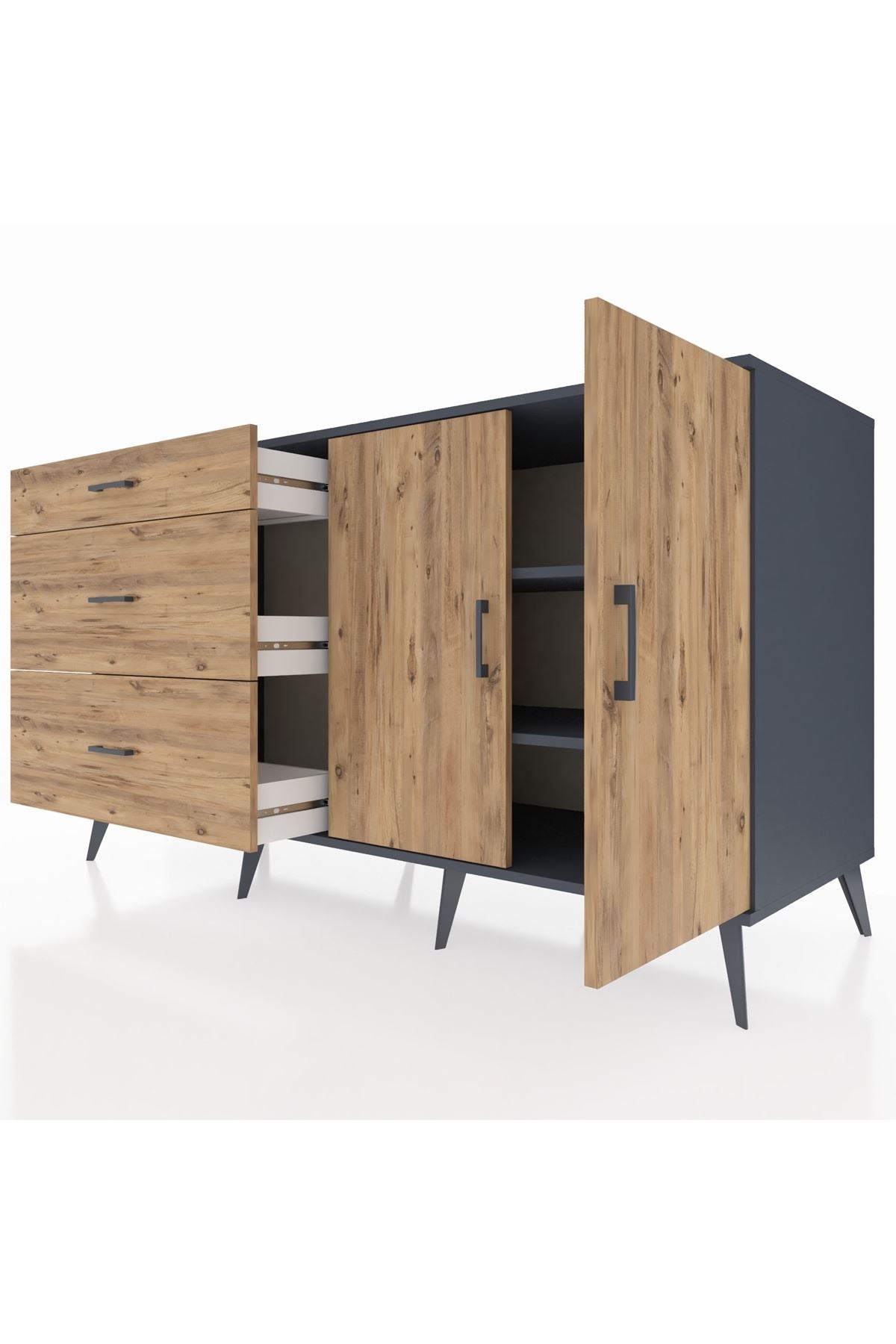 Kronos Konsol 2 Raflı 3 Çekmeceli 2 Kapaklı 176x59x99 Antrasit-Çam