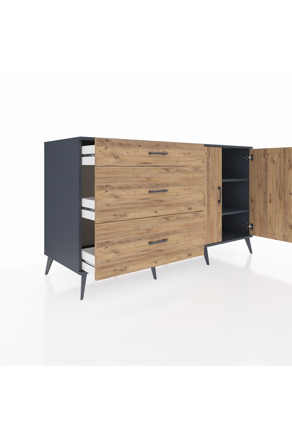 Kronos Konsol 2 Raflı 3 Çekmeceli 2 Kapaklı 176x59x99 Antrasit-Çam