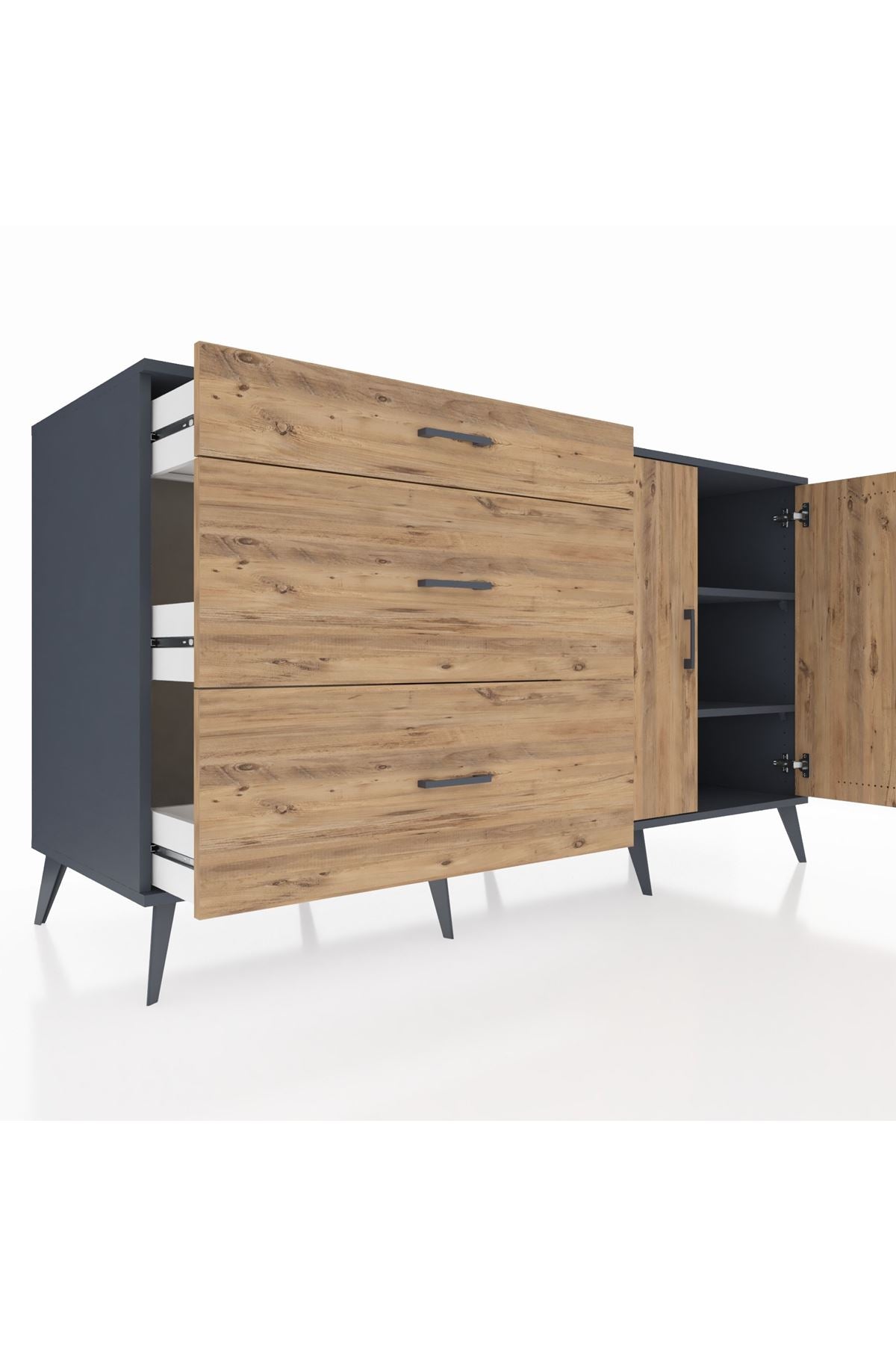 Kronos Konsol 2 Raflı 3 Çekmeceli 2 Kapaklı 176x59x99 Antrasit-Çam