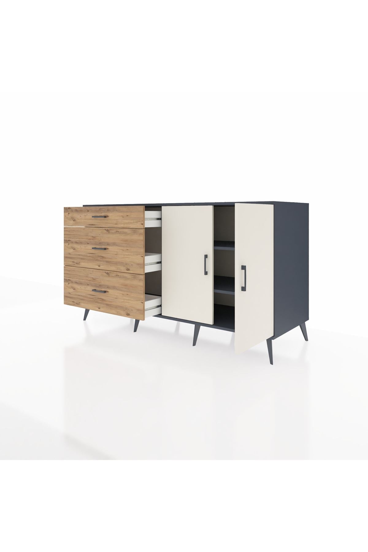 Kronos Konsol 2 Raflı 3 Çekmeceli 2 Kapaklı 176x59x99 Antrasit-Aytaşı/Çam