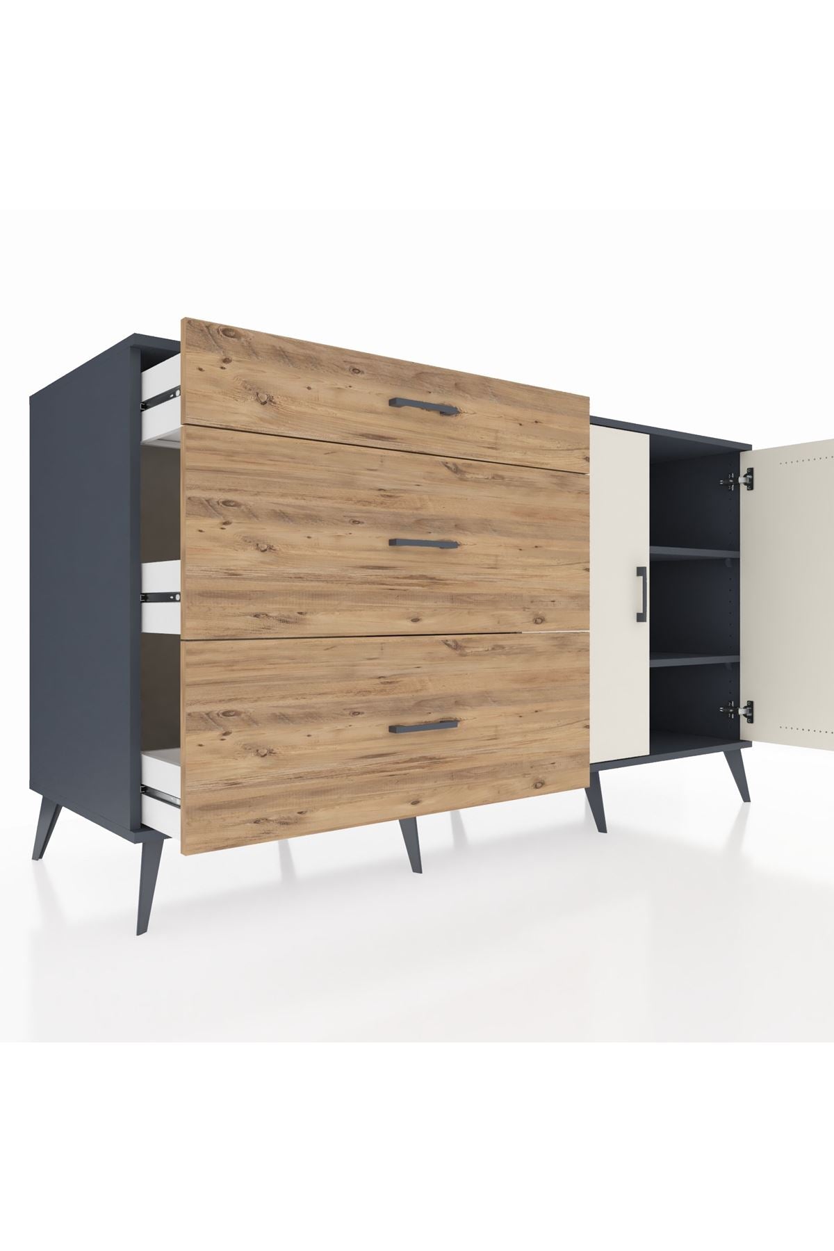 Kronos Konsol 2 Raflı 3 Çekmeceli 2 Kapaklı 176x59x99 Antrasit-Aytaşı/Çam