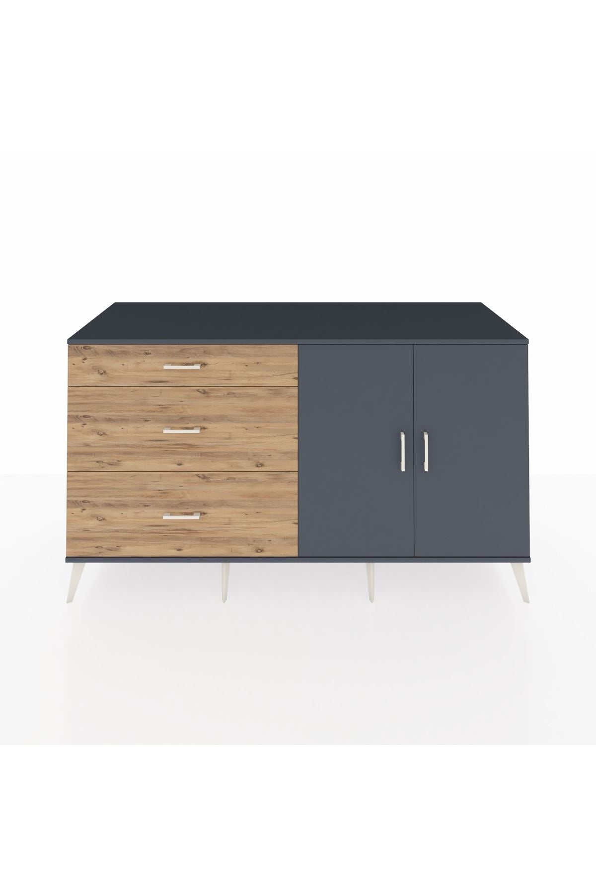 Kronos Konsol 2 Raflı 3 Çekmeceli 2 Kapaklı 176x59x99 Antrasit-Antrasit/Çam