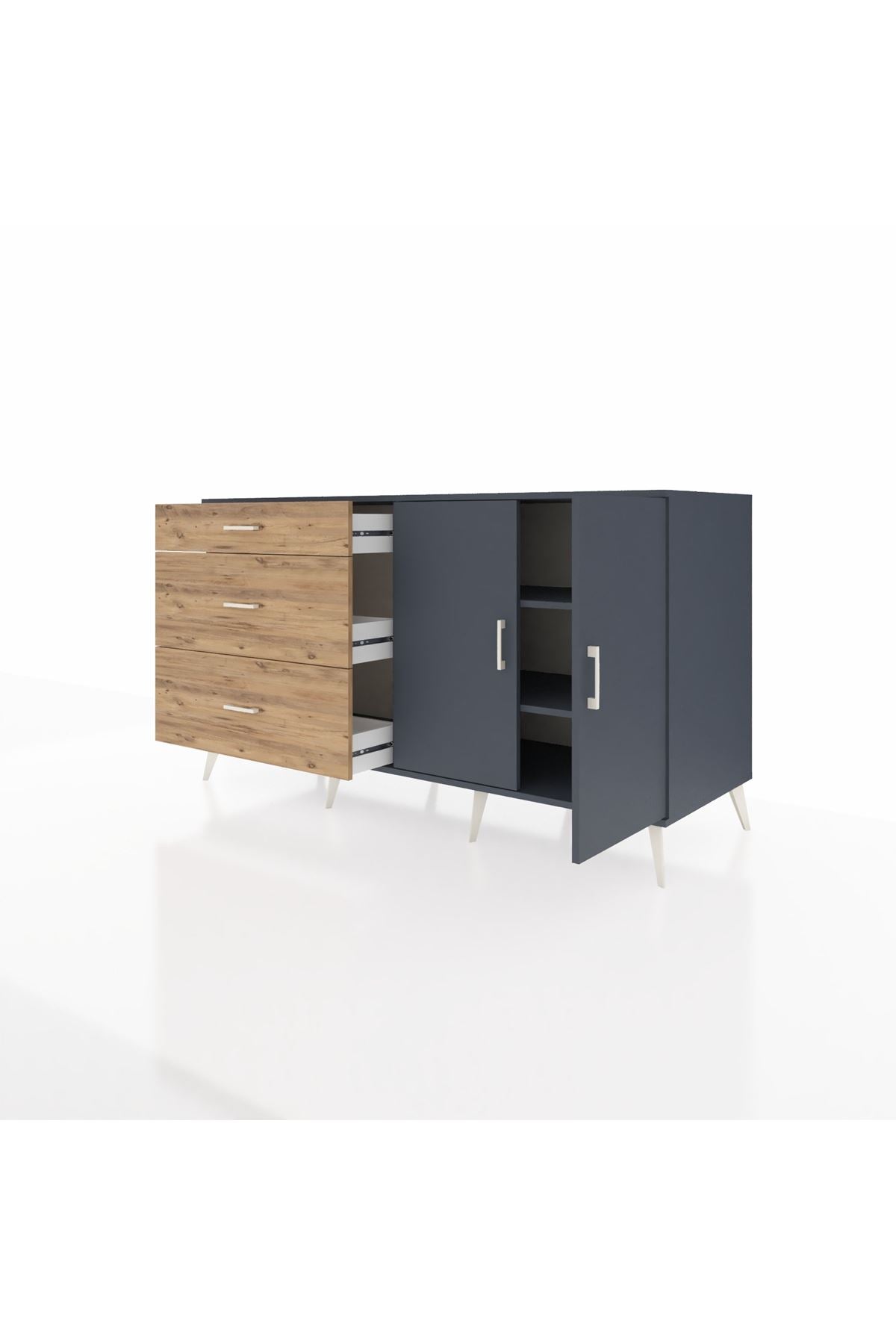 Kronos Konsol 2 Raflı 3 Çekmeceli 2 Kapaklı 176x59x99 Antrasit-Antrasit/Çam