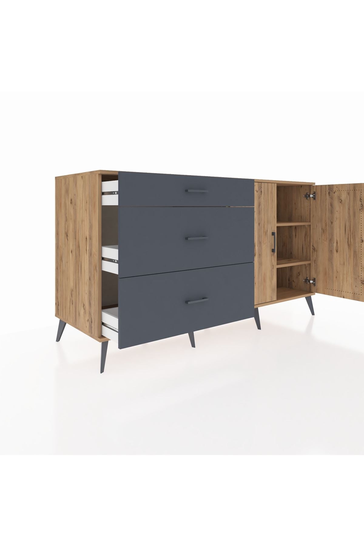 Kronos Konsol 2 Raflı 3 Çekmeceli 2 Kapaklı 176x59x99 Çam-Çam/Antrasit