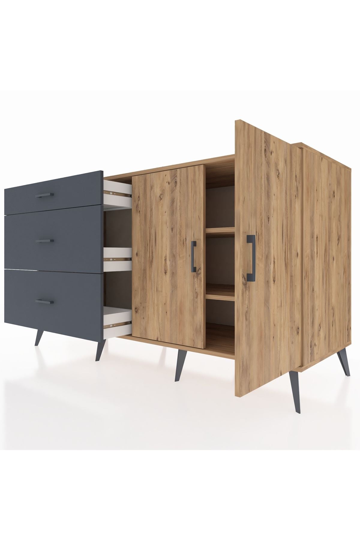 Kronos Konsol 2 Raflı 3 Çekmeceli 2 Kapaklı 176x59x99 Çam-Çam/Antrasit