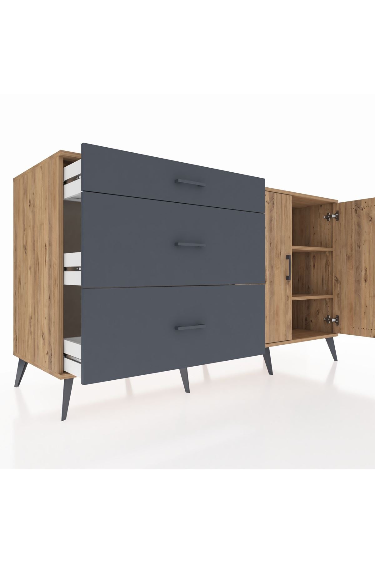 Kronos Konsol 2 Raflı 3 Çekmeceli 2 Kapaklı 176x59x99 Çam-Çam/Antrasit