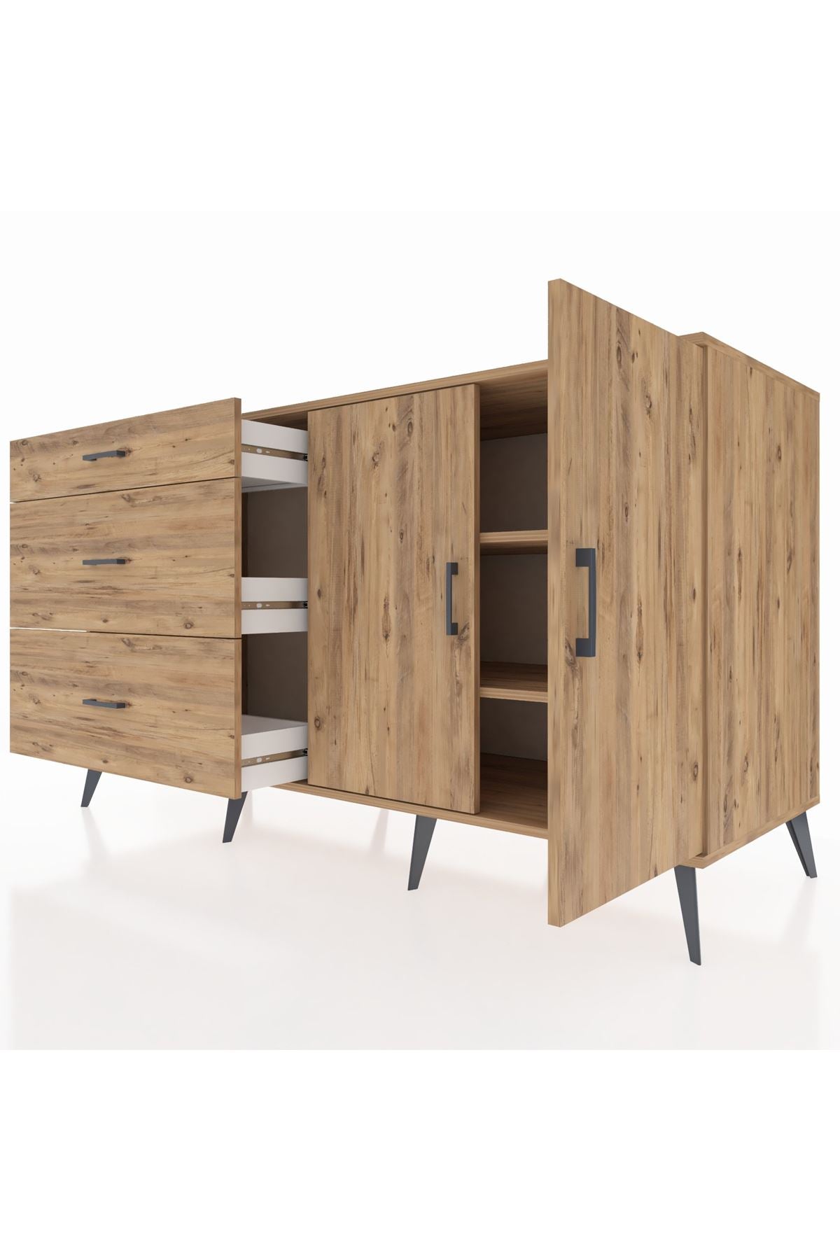 Kronos Konsol 2 Raflı 3 Çekmeceli 2 Kapaklı 176x59x99 Çam-Çam