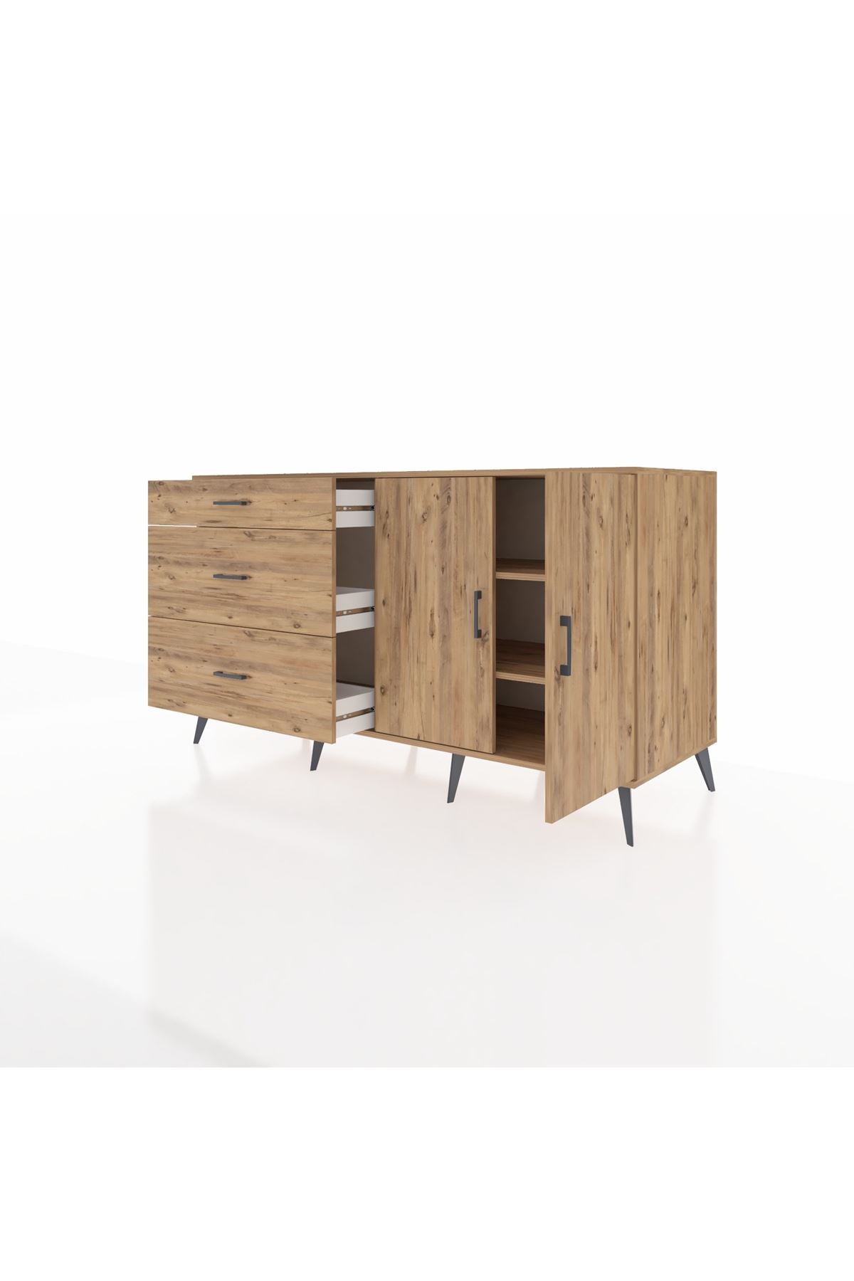 Kronos Konsol 2 Raflı 3 Çekmeceli 2 Kapaklı 176x59x99 Çam-Çam