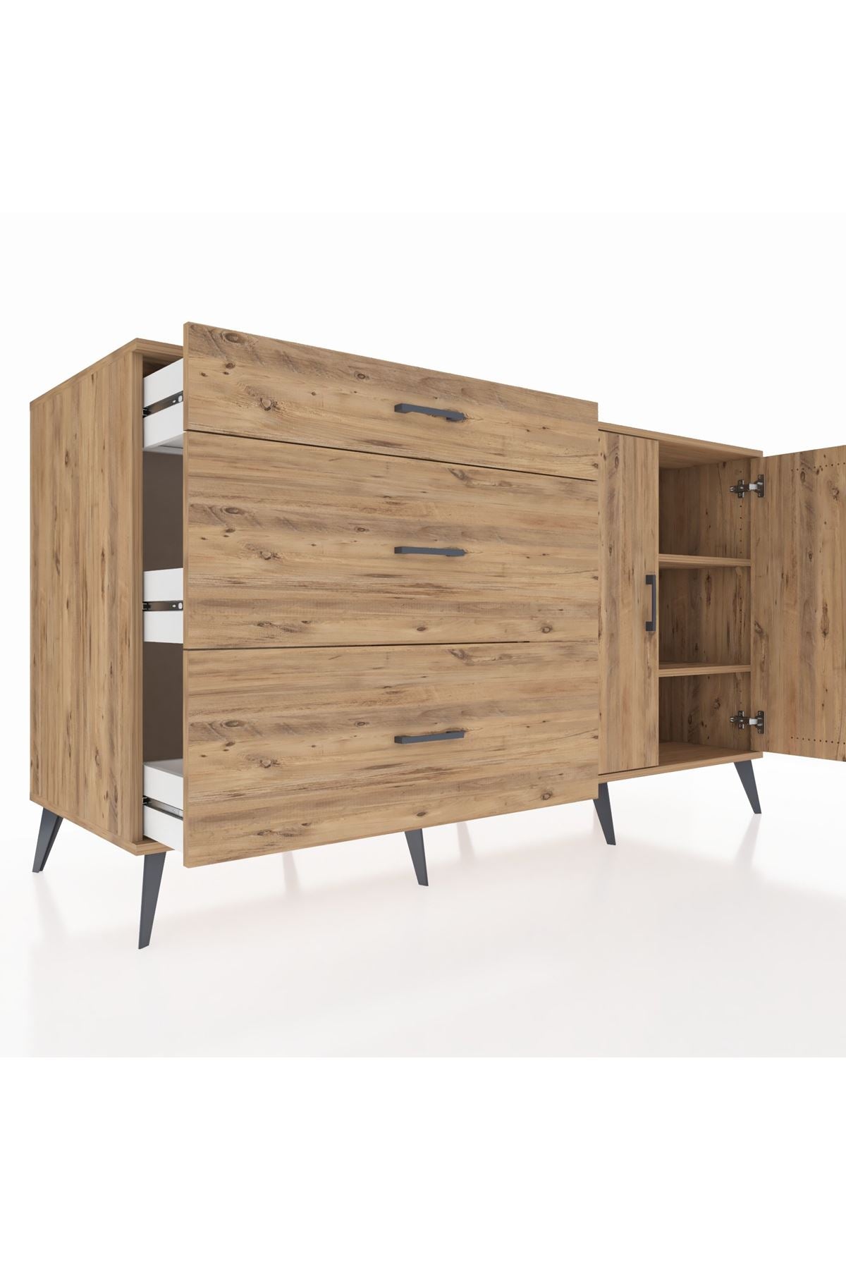 Kronos Konsol 2 Raflı 3 Çekmeceli 2 Kapaklı 176x59x99 Çam-Çam