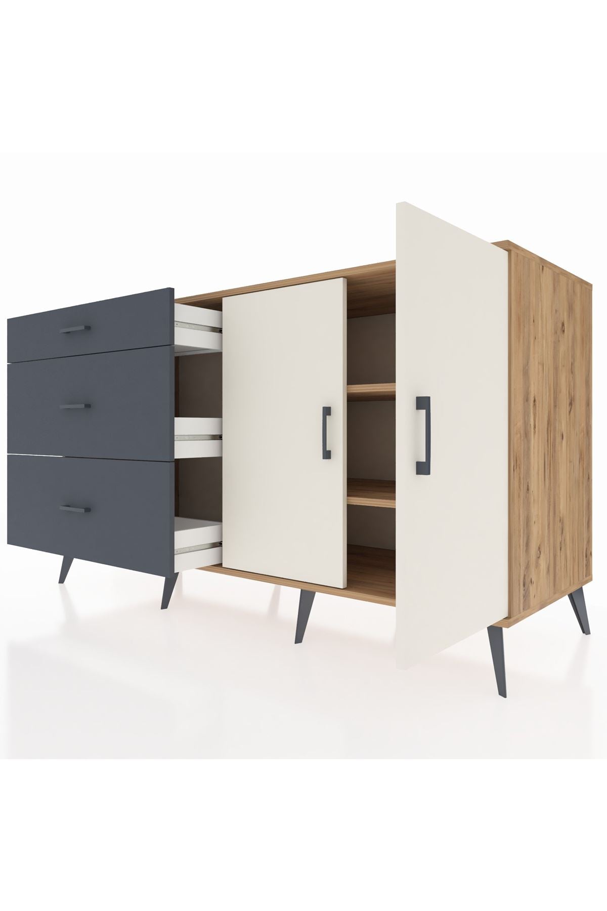 Kronos Konsol 2 Raflı 3 Çekmeceli 2 Kapaklı 176x59x99 Çam-Aytaşı/Antrasit