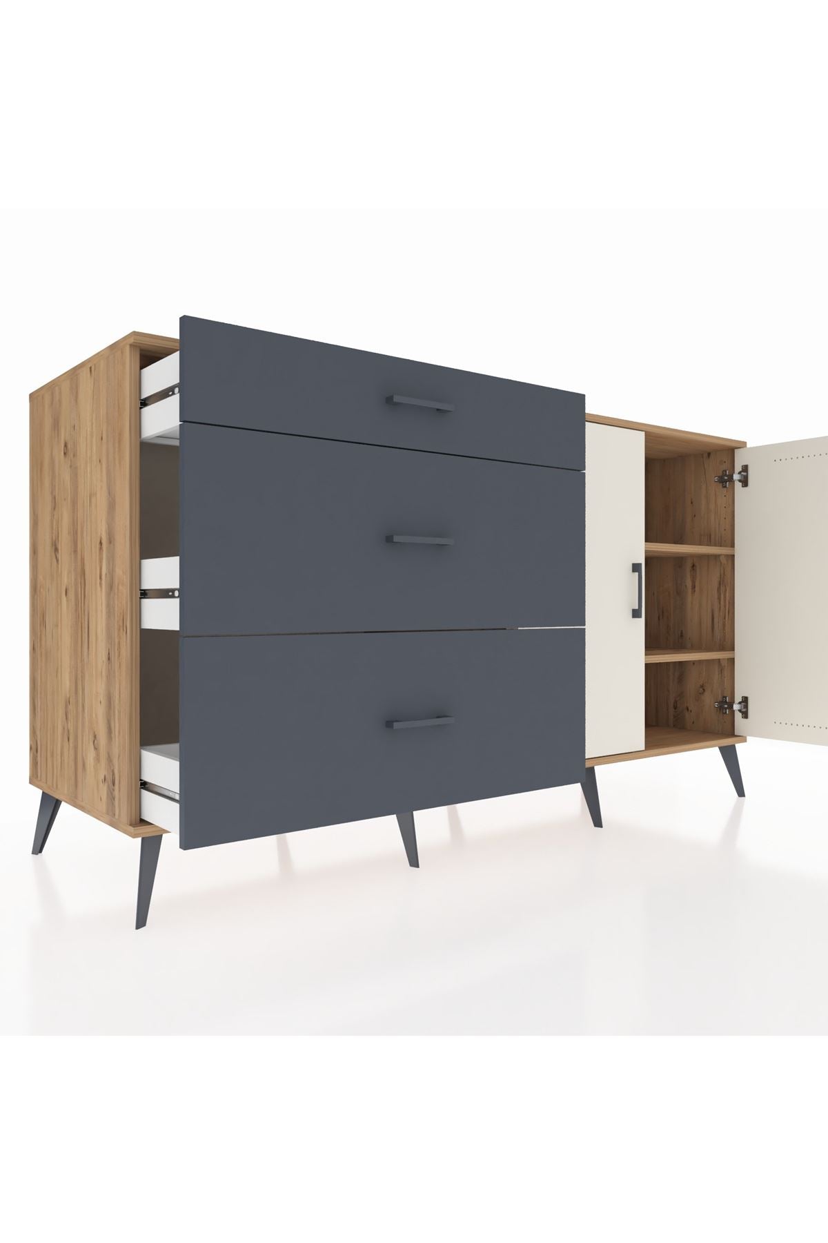 Kronos Konsol 2 Raflı 3 Çekmeceli 2 Kapaklı 176x59x99 Çam-Aytaşı/Antrasit