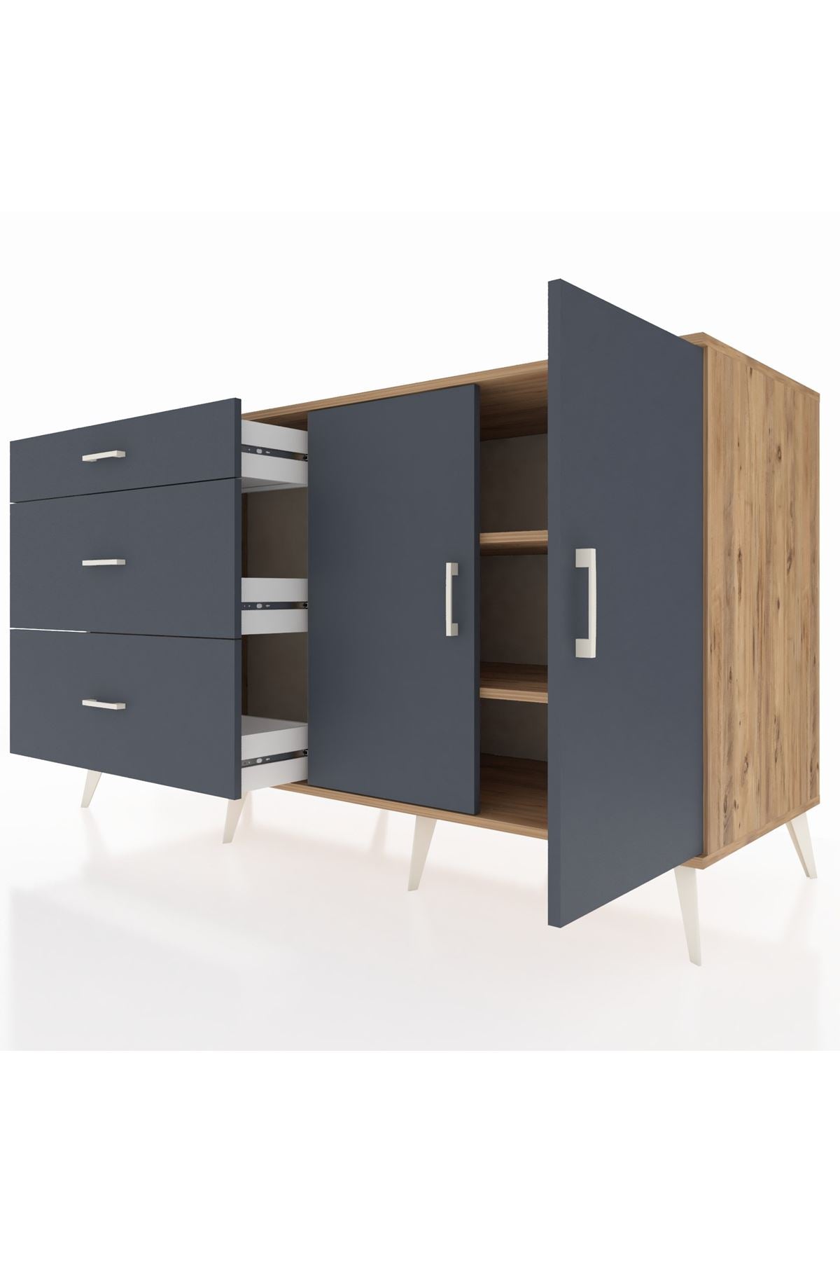 Kronos Konsol 2 Raflı 3 Çekmeceli 2 Kapaklı 176x59x99 Çam-Antrasit