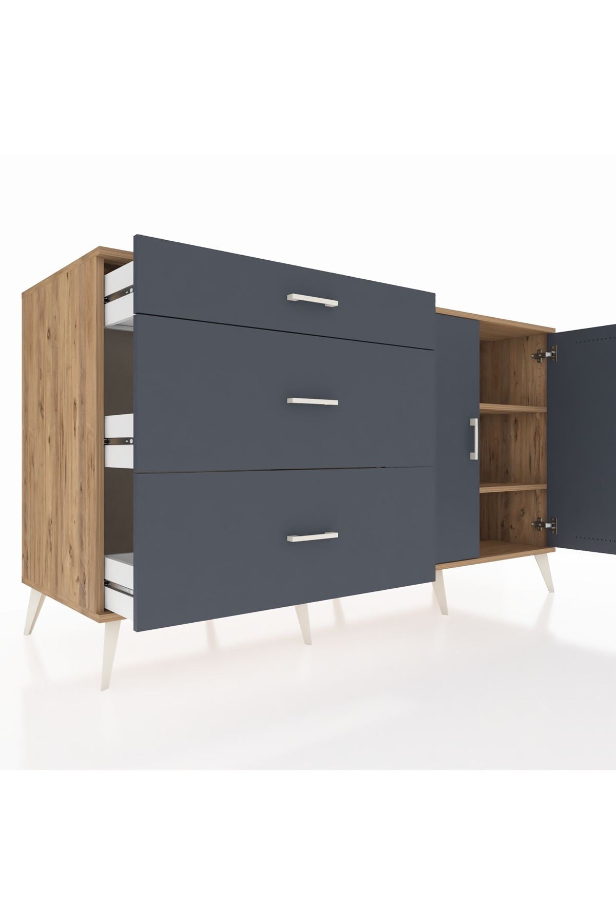 Kronos Konsol 2 Raflı 3 Çekmeceli 2 Kapaklı 176x59x99 Çam-Antrasit