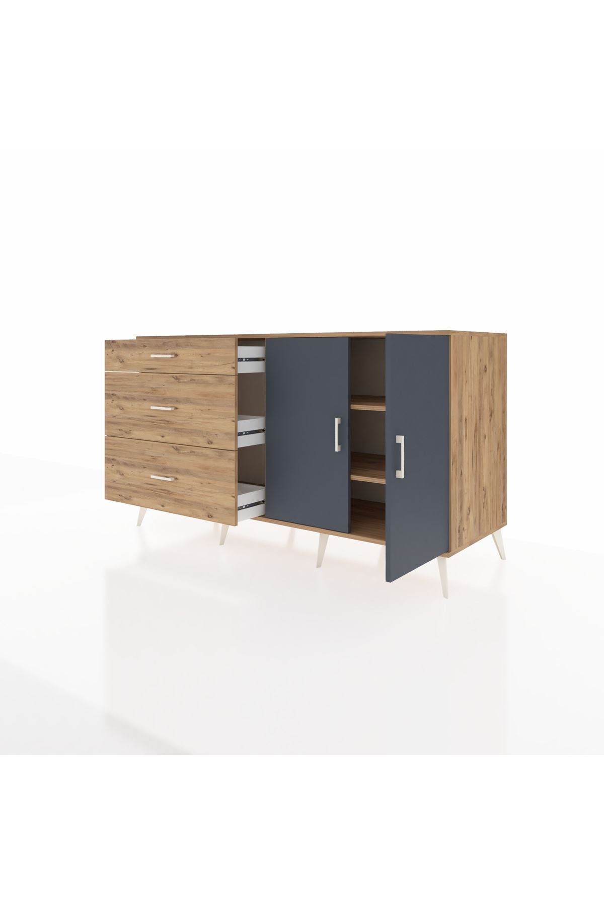 Kronos Konsol 2 Raflı 3 Çekmeceli 2 Kapaklı 176x59x99 Çam-Antrasit/Çam