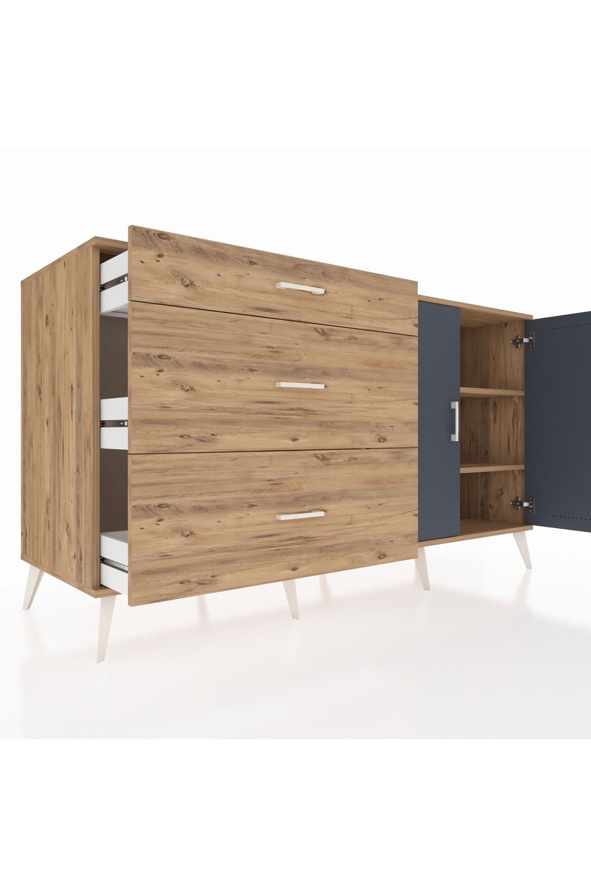 Kronos Konsol 2 Raflı 3 Çekmeceli 2 Kapaklı 176x59x99 Çam-Antrasit/Çam