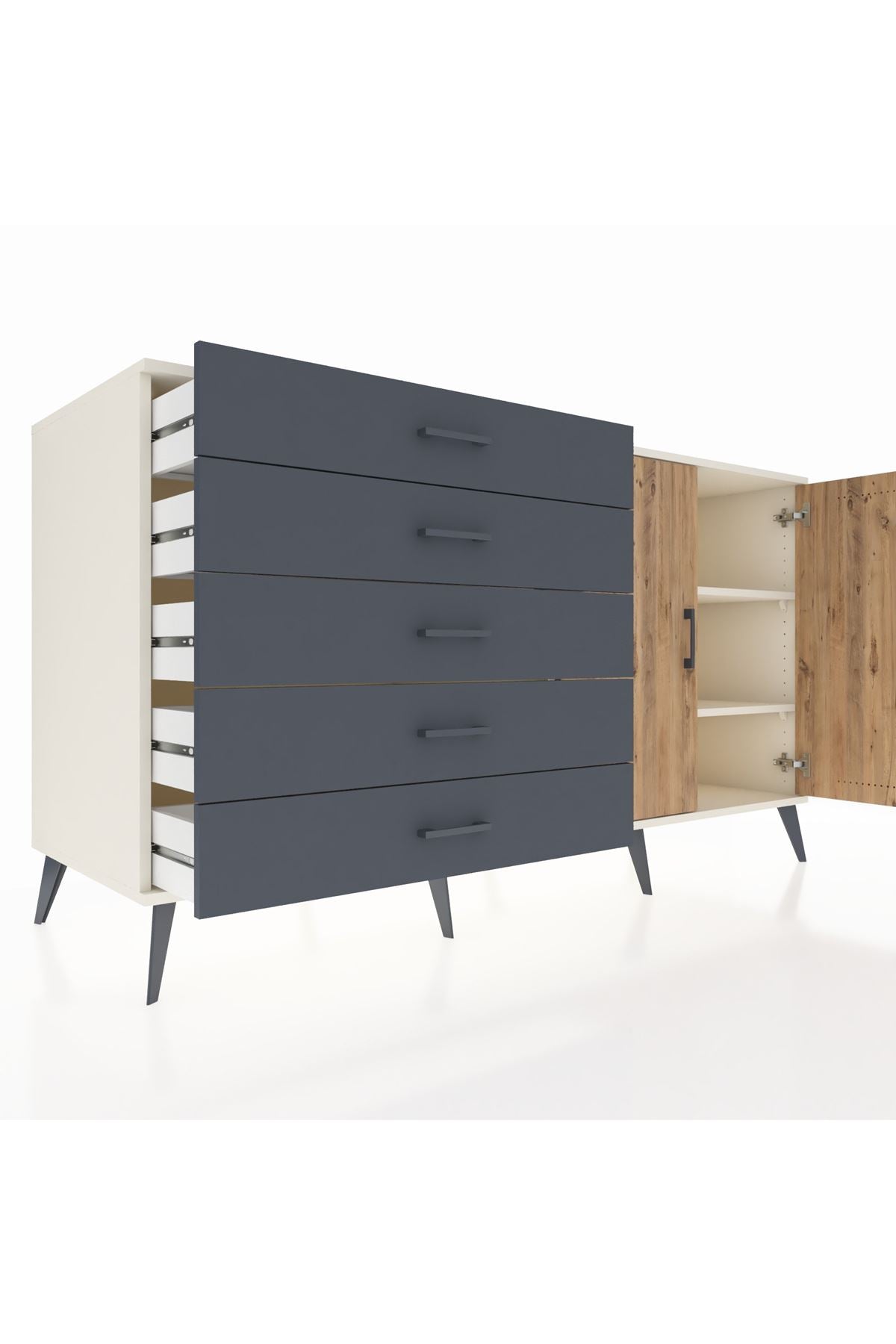 Kronos Konsol 2 Raflı 5 Çekmeceli 2 Kapaklı 176x59x99 Aytaşı-Çam/Antrasit