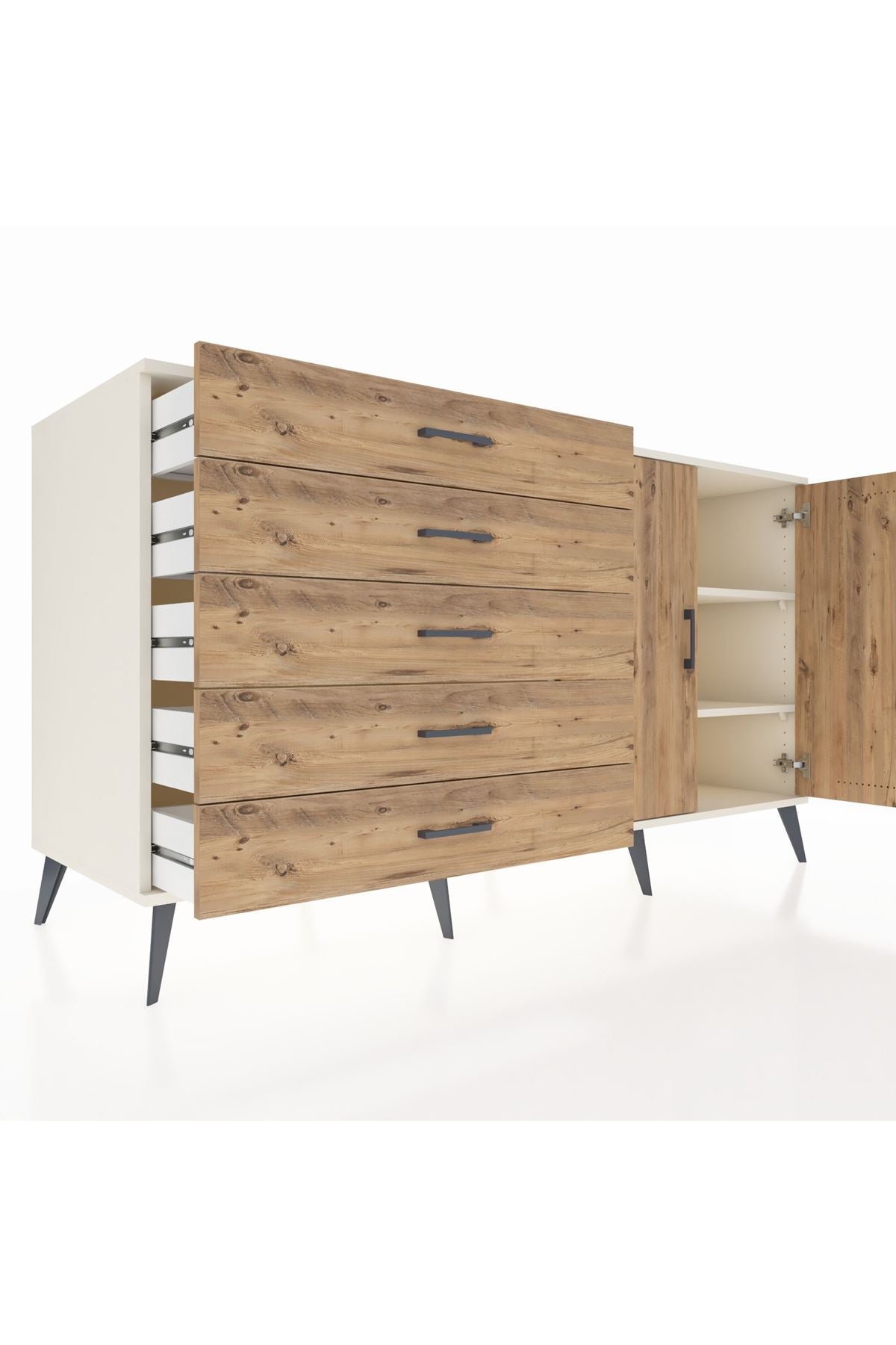 Kronos Konsol 2 Raflı 5 Çekmeceli 2 Kapaklı 176x59x99 Aytaşı-Çam