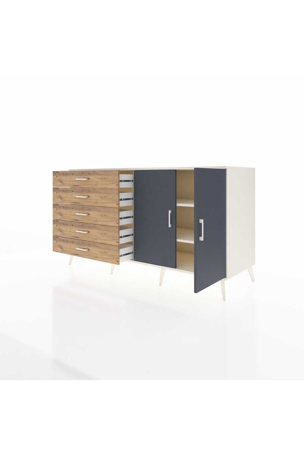 Kronos Konsol 2 Raflı 5 Çekmeceli 2 Kapaklı 176x59x99 Aytaşı-Antrasit/Çam