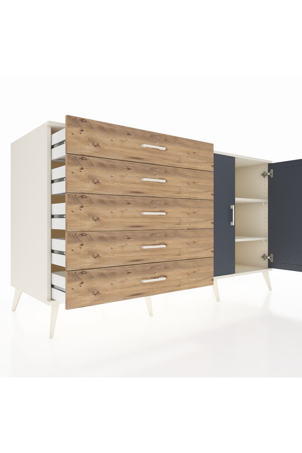 Kronos Konsol 2 Raflı 5 Çekmeceli 2 Kapaklı 176x59x99 Aytaşı-Antrasit/Çam