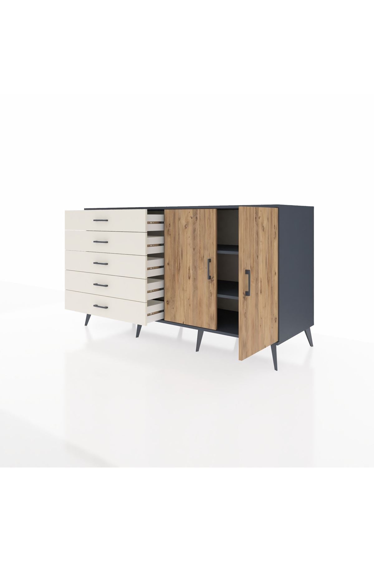 Kronos Konsol 2 Raflı 5 Çekmeceli 2 Kapaklı 176x59x99 Antrasit-Çam/Aytaşı