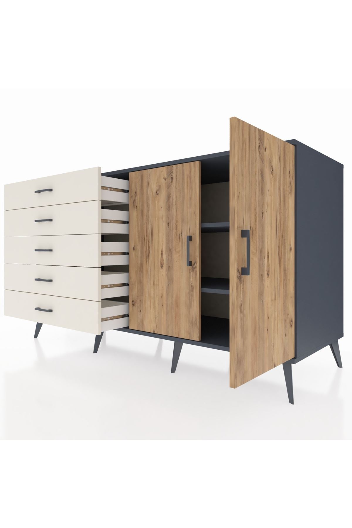 Kronos Konsol 2 Raflı 5 Çekmeceli 2 Kapaklı 176x59x99 Antrasit-Çam/Aytaşı