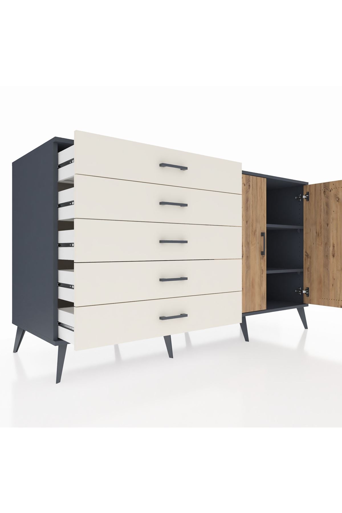 Kronos Konsol 2 Raflı 5 Çekmeceli 2 Kapaklı 176x59x99 Antrasit-Çam/Aytaşı