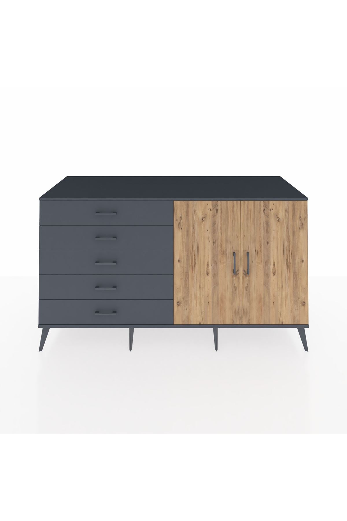 Kronos Konsol 2 Raflı 5 Çekmeceli 2 Kapaklı 176x59x99 Antrasit-Çam/Antrasit