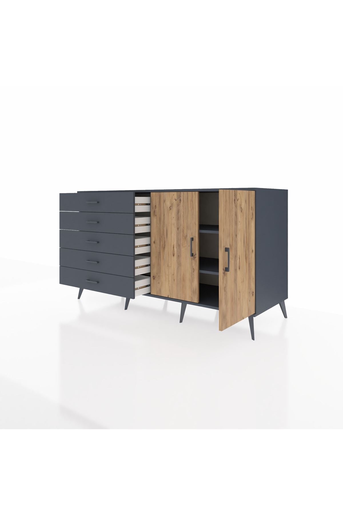 Kronos Konsol 2 Raflı 5 Çekmeceli 2 Kapaklı 176x59x99 Antrasit-Çam/Antrasit