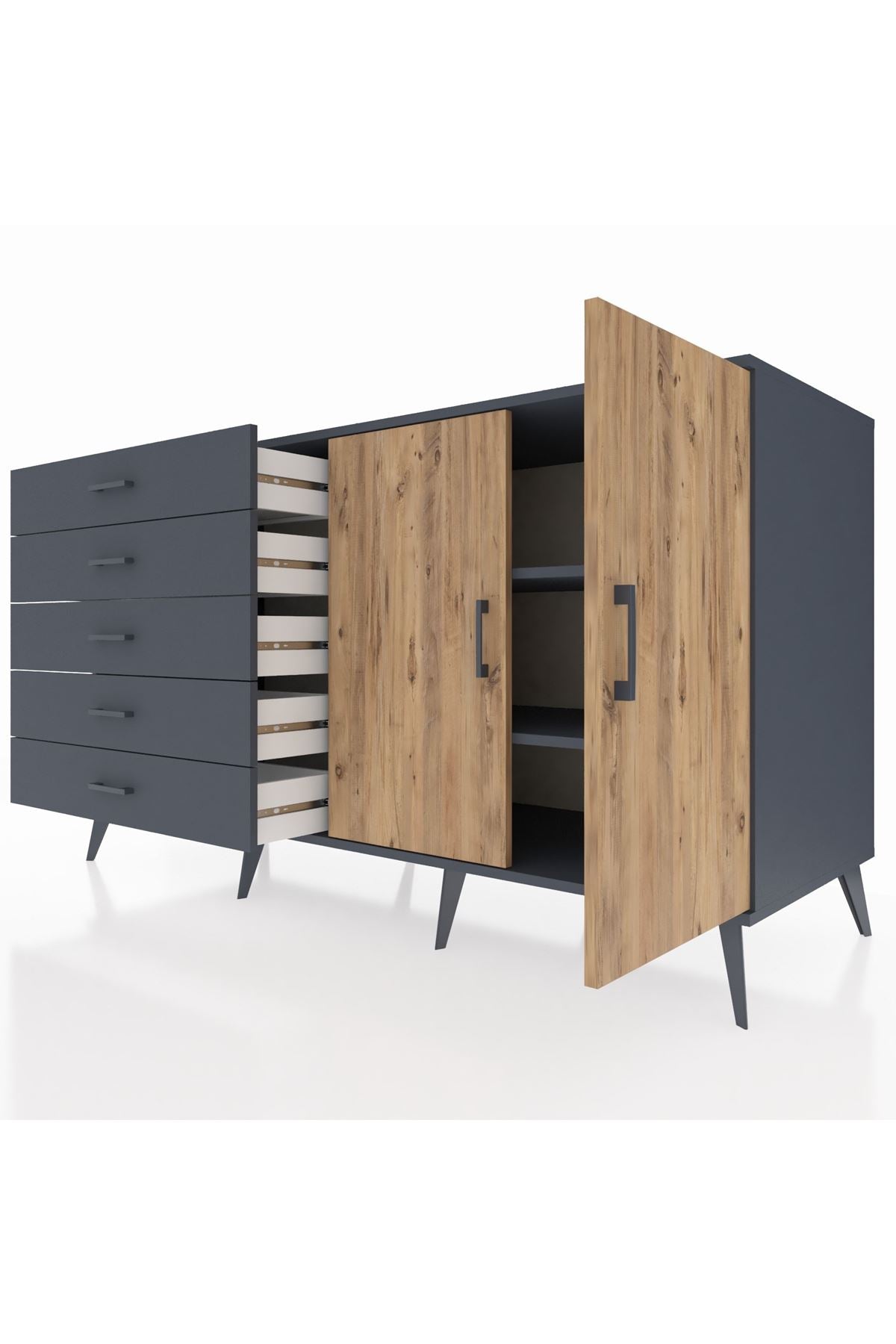 Kronos Konsol 2 Raflı 5 Çekmeceli 2 Kapaklı 176x59x99 Antrasit-Çam/Antrasit