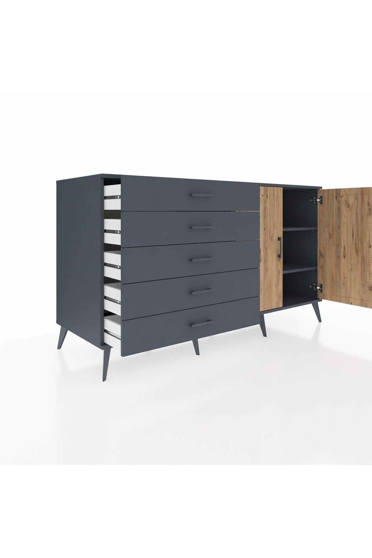 Kronos Konsol 2 Raflı 5 Çekmeceli 2 Kapaklı 176x59x99 Antrasit-Çam/Antrasit