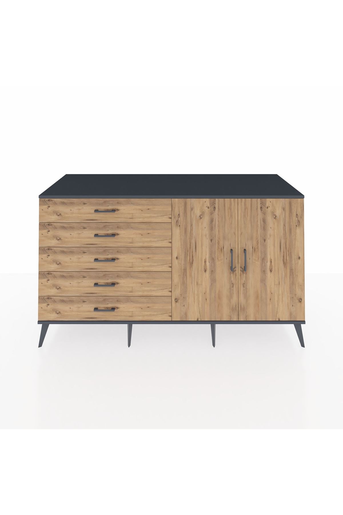 Kronos Konsol 2 Raflı 5 Çekmeceli 2 Kapaklı 176x59x99 Antrasit-Çam