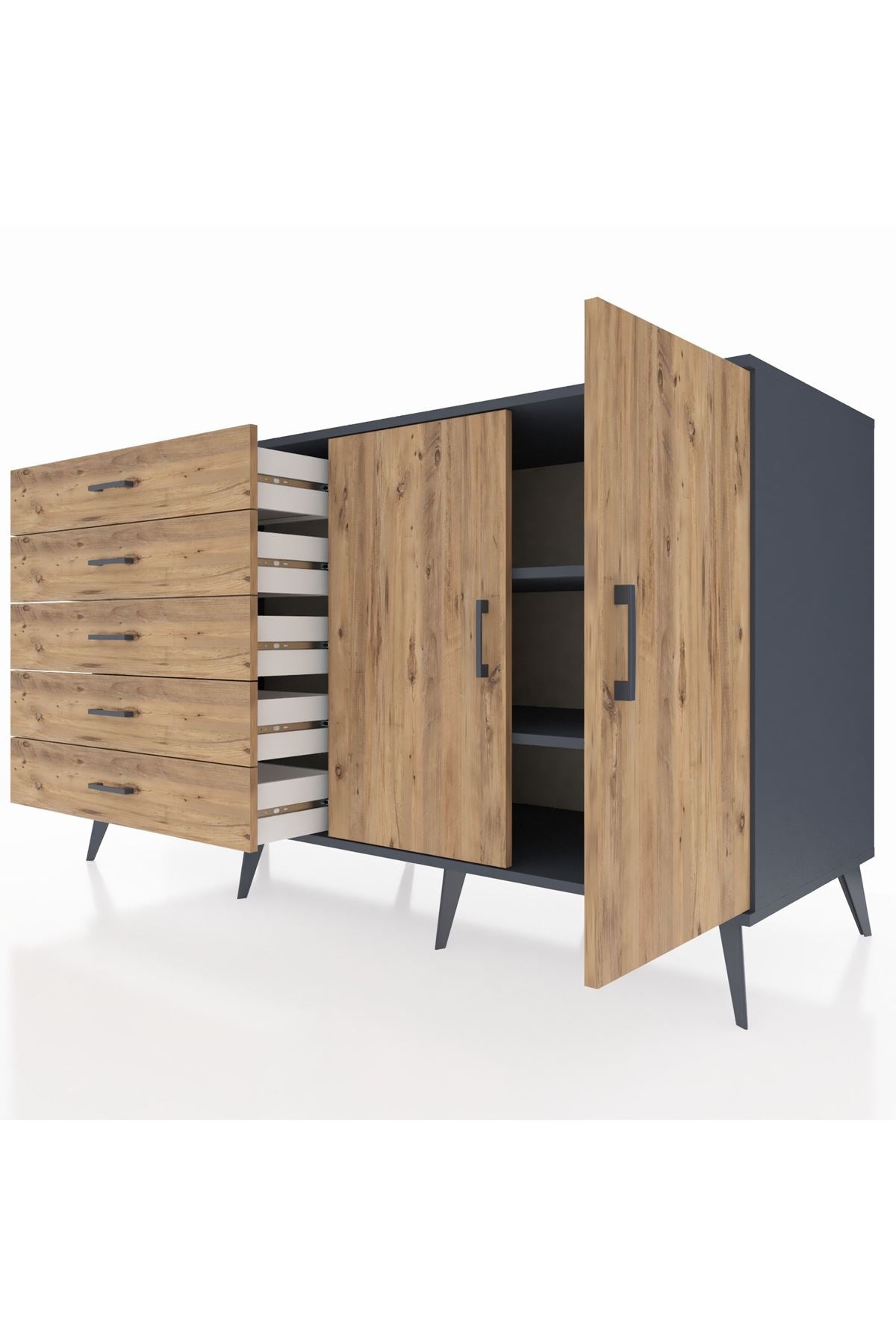 Kronos Konsol 2 Raflı 5 Çekmeceli 2 Kapaklı 176x59x99 Antrasit-Çam