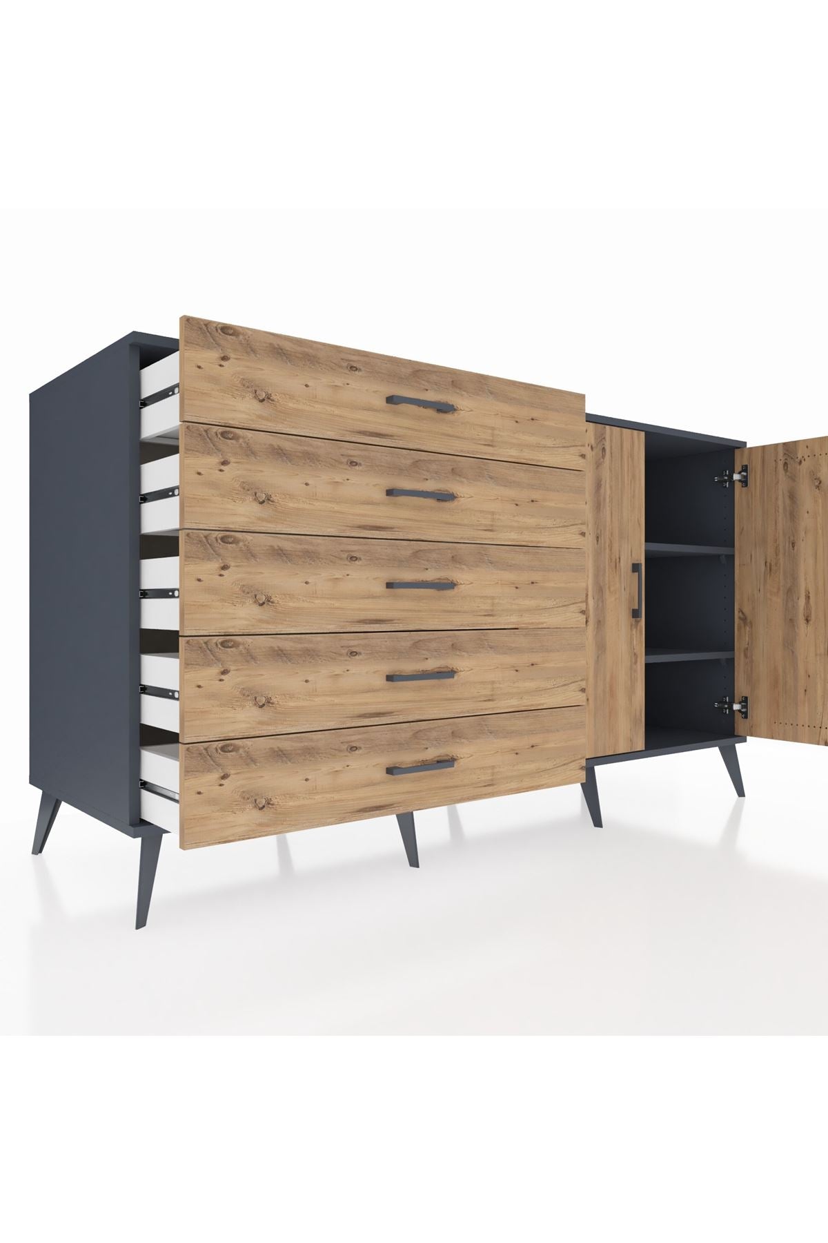 Kronos Konsol 2 Raflı 5 Çekmeceli 2 Kapaklı 176x59x99 Antrasit-Çam