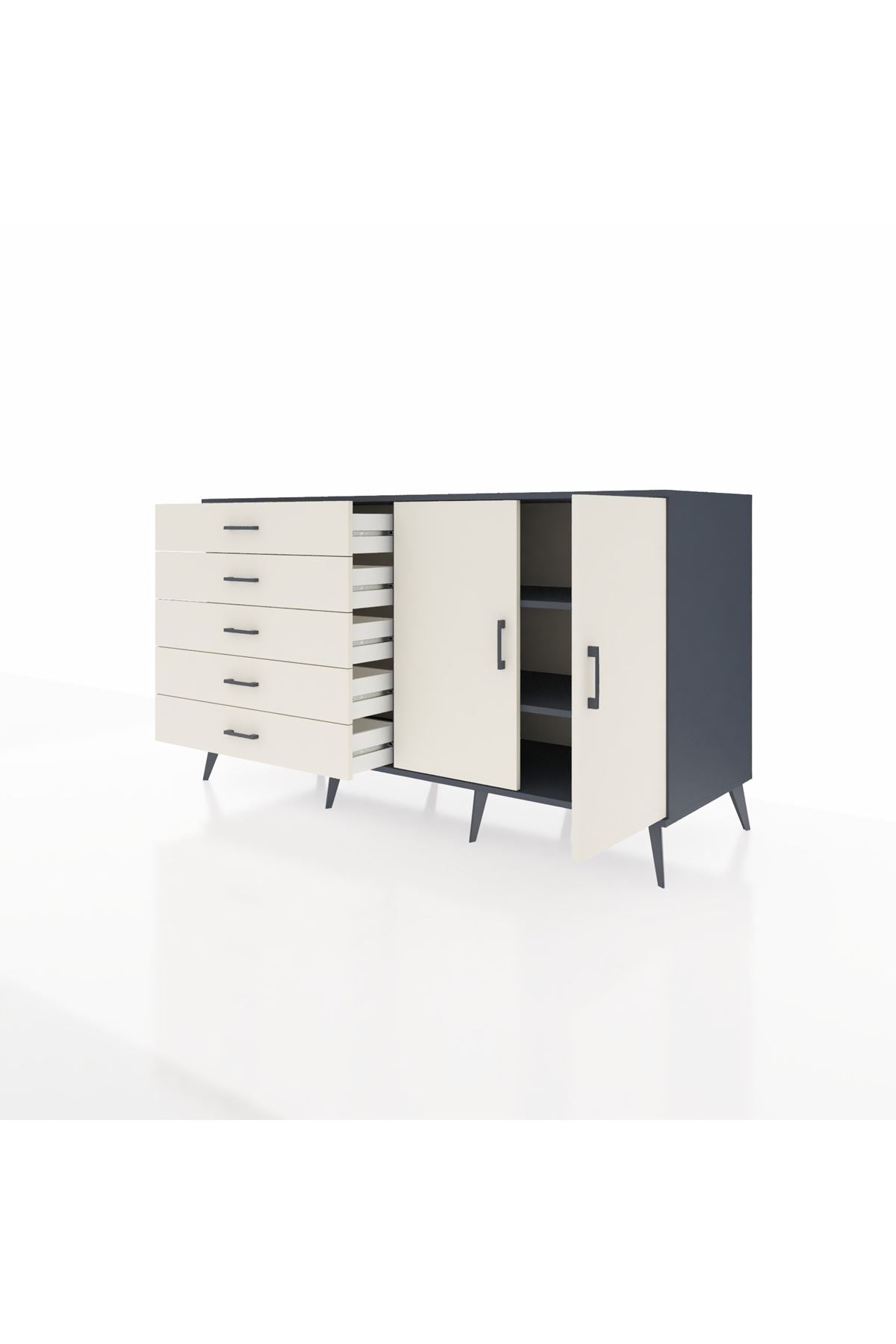 Kronos Konsol 2 Raflı 5 Çekmeceli 2 Kapaklı 176x59x99 Antrasit-Aytaşı