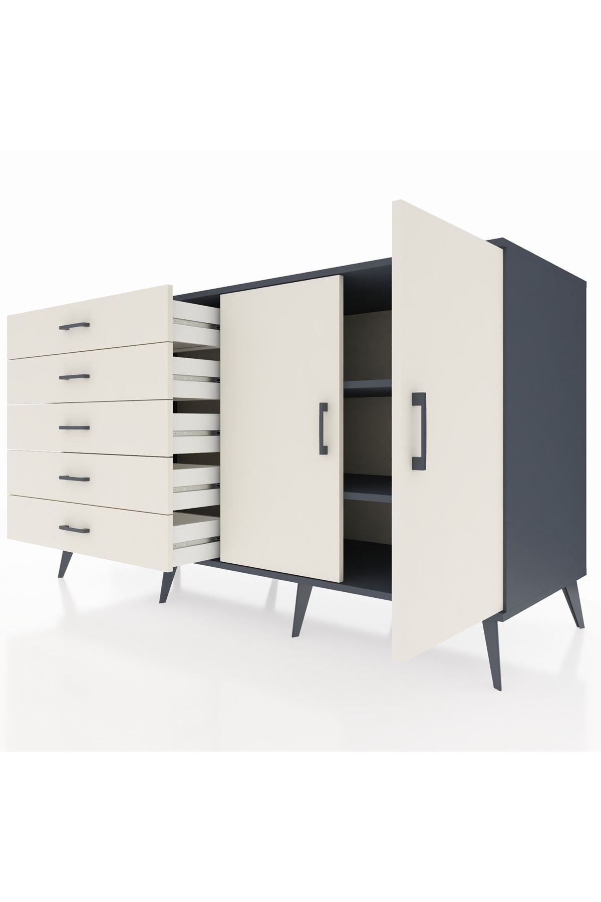 Kronos Konsol 2 Raflı 5 Çekmeceli 2 Kapaklı 176x59x99 Antrasit-Aytaşı