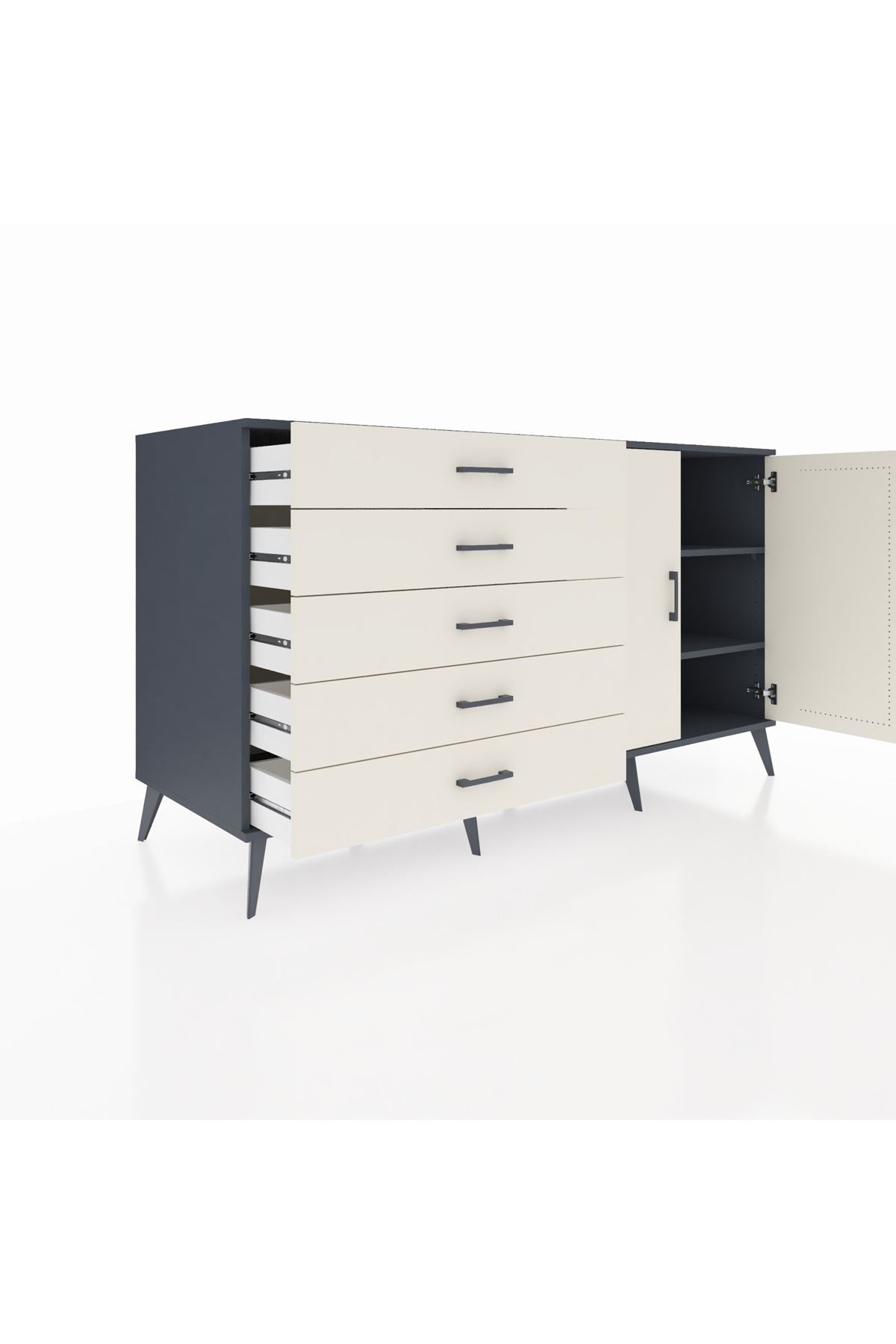 Kronos Konsol 2 Raflı 5 Çekmeceli 2 Kapaklı 176x59x99 Antrasit-Aytaşı