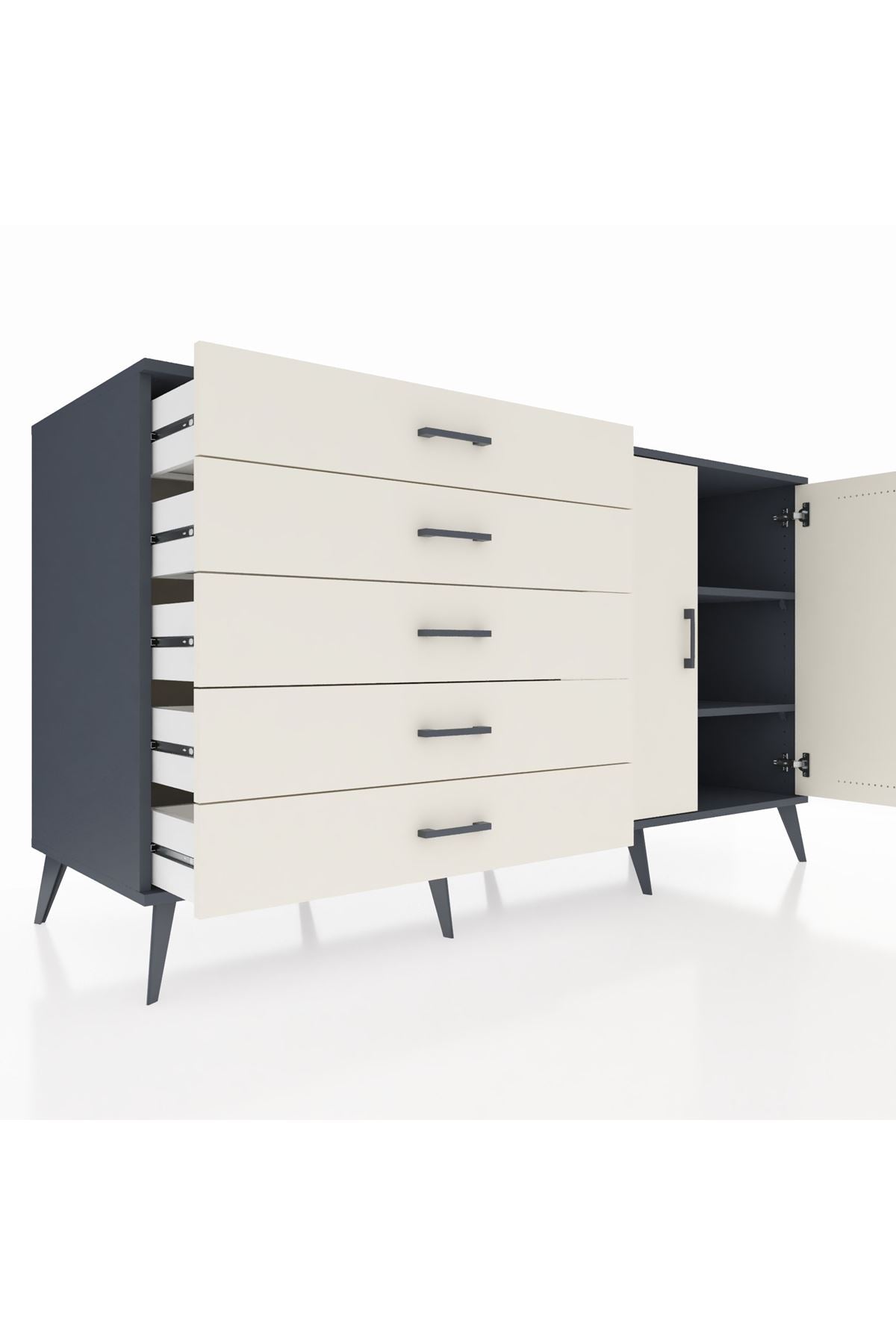 Kronos Konsol 2 Raflı 5 Çekmeceli 2 Kapaklı 176x59x99 Antrasit-Aytaşı