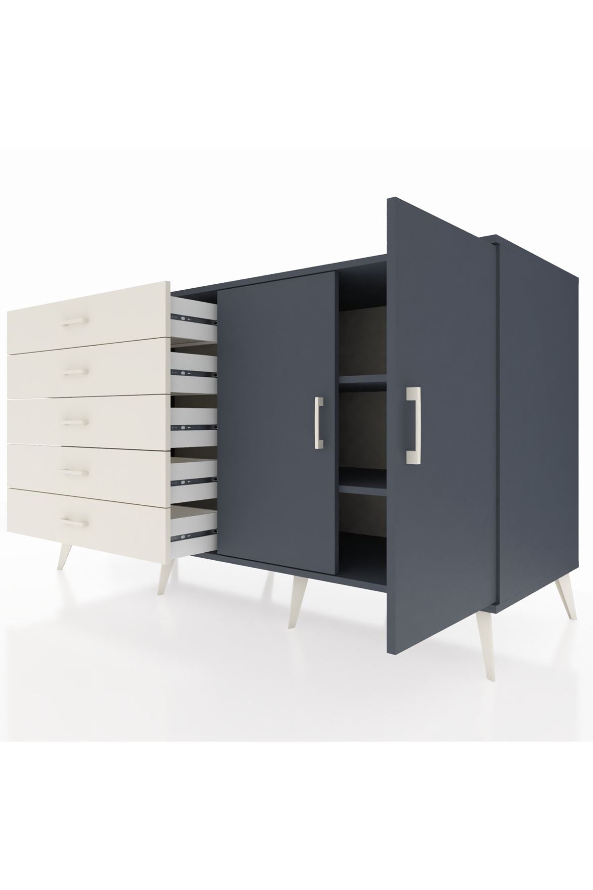 Kronos Konsol 2 Raflı 5 Çekmeceli 2 Kapaklı 176x59x99 Antrasit-Antrasit/Aytaşı