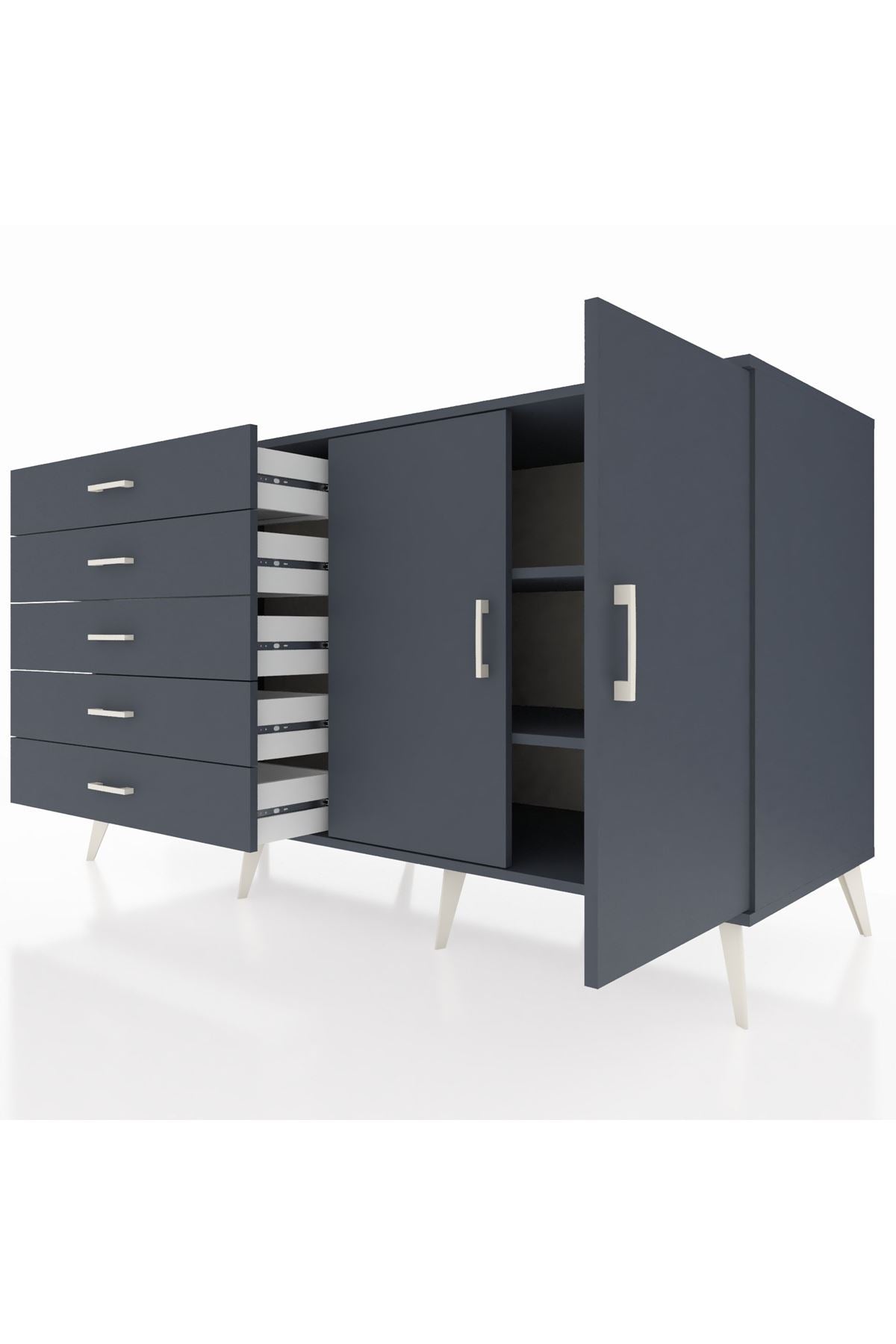 Kronos Konsol 2 Raflı 5 Çekmeceli 2 Kapaklı 176x59x99 Antrasit-Antrasit