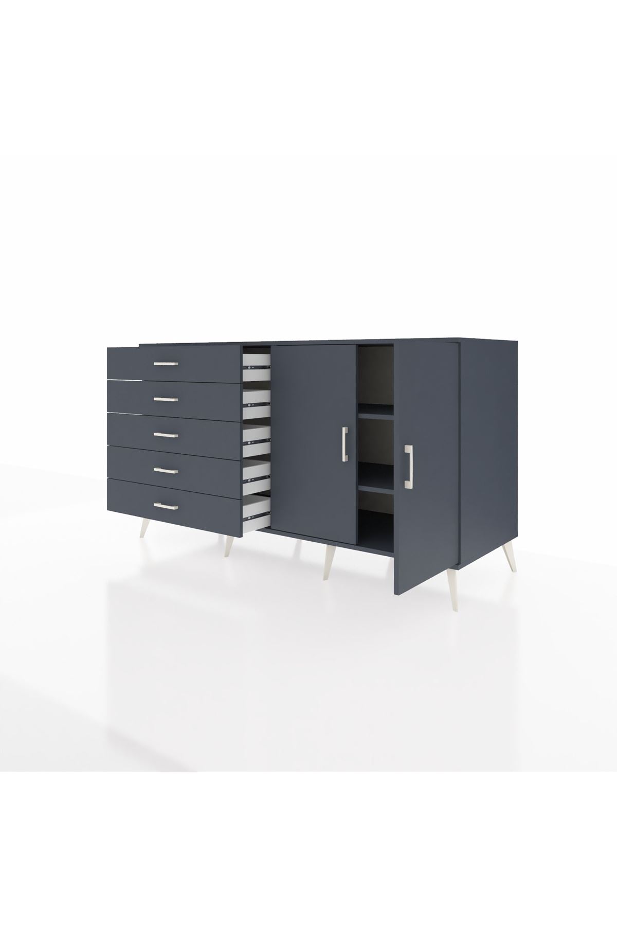 Kronos Konsol 2 Raflı 5 Çekmeceli 2 Kapaklı 176x59x99 Antrasit-Antrasit