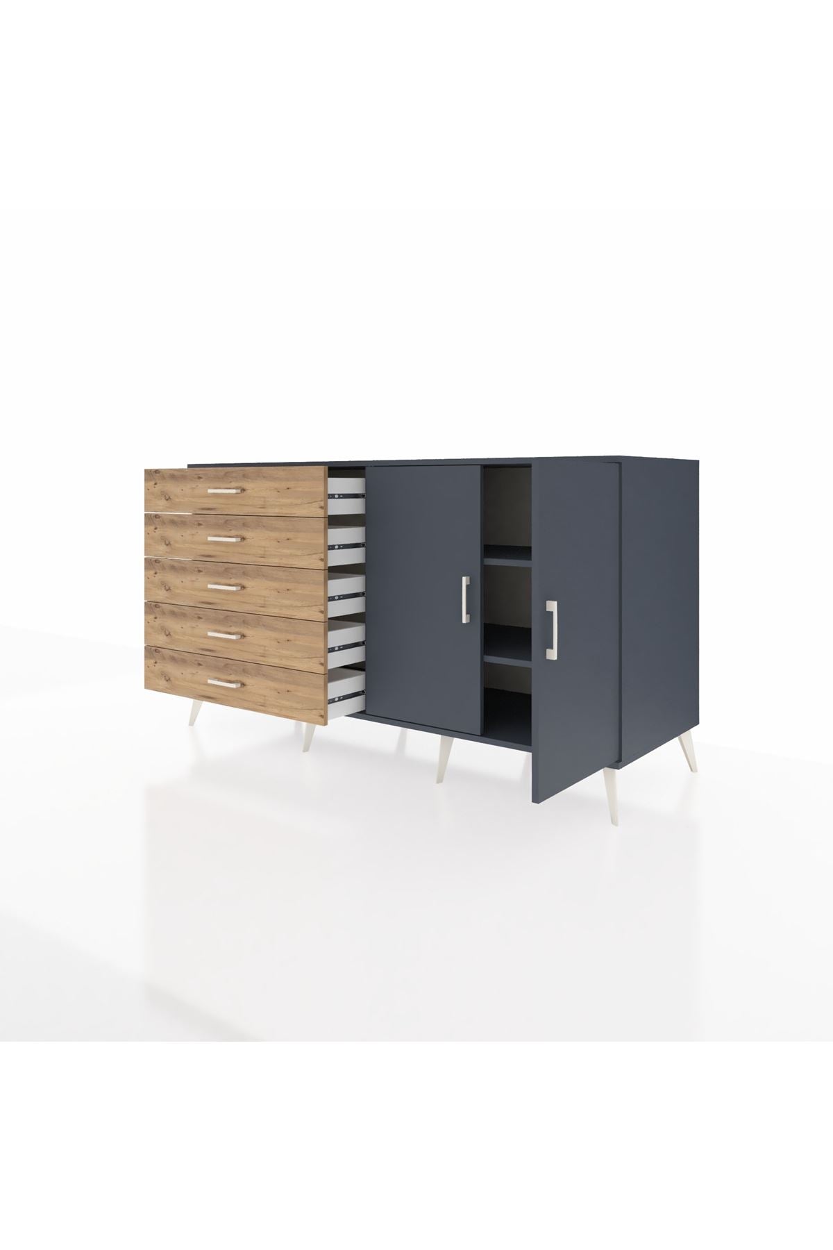 Kronos Konsol 2 Raflı 5 Çekmeceli 2 Kapaklı 176x59x99 Antrasit-Antrasit/Çam