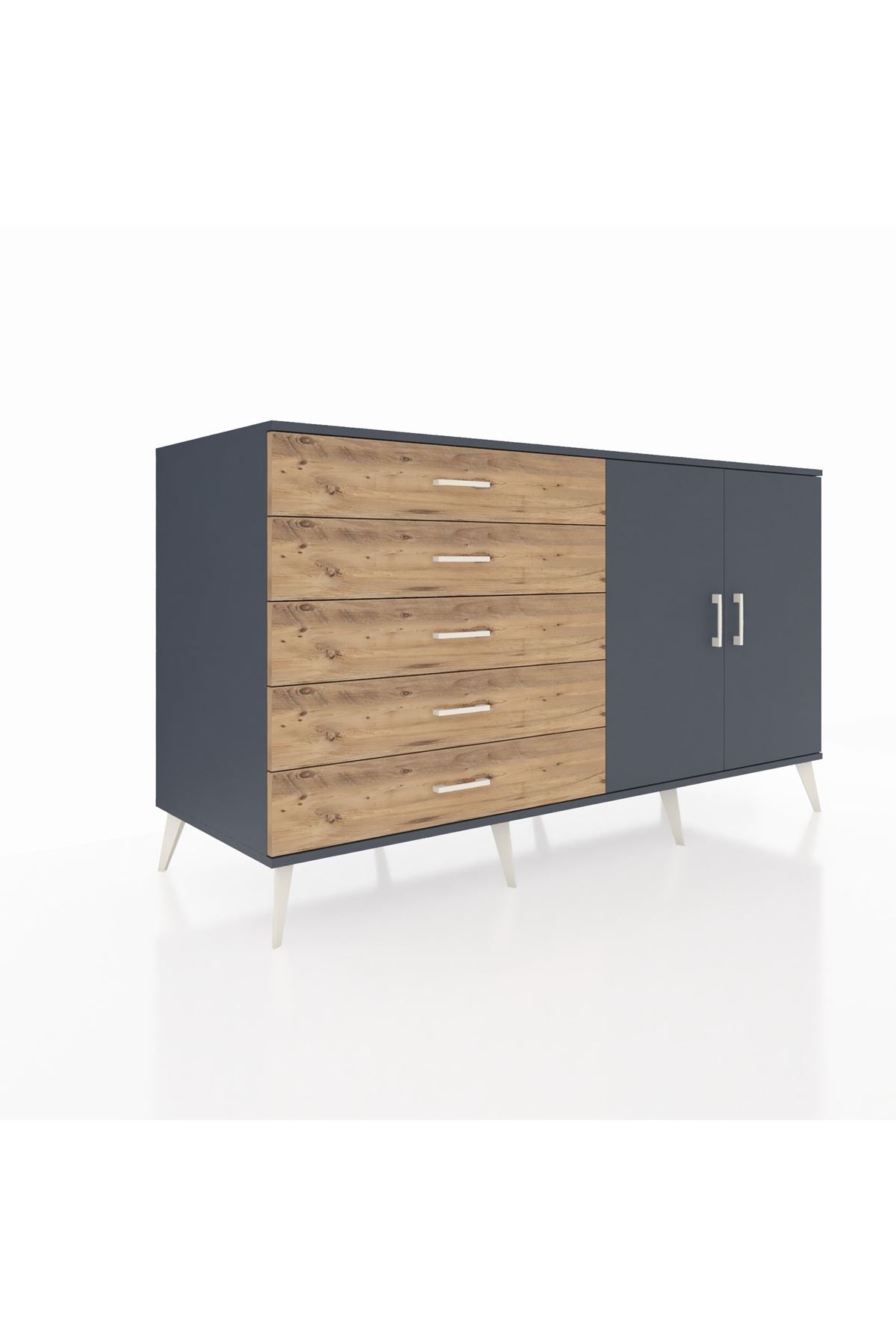 Kronos Konsol 2 Raflı 5 Çekmeceli 2 Kapaklı 176x59x99 Antrasit-Antrasit/Çam